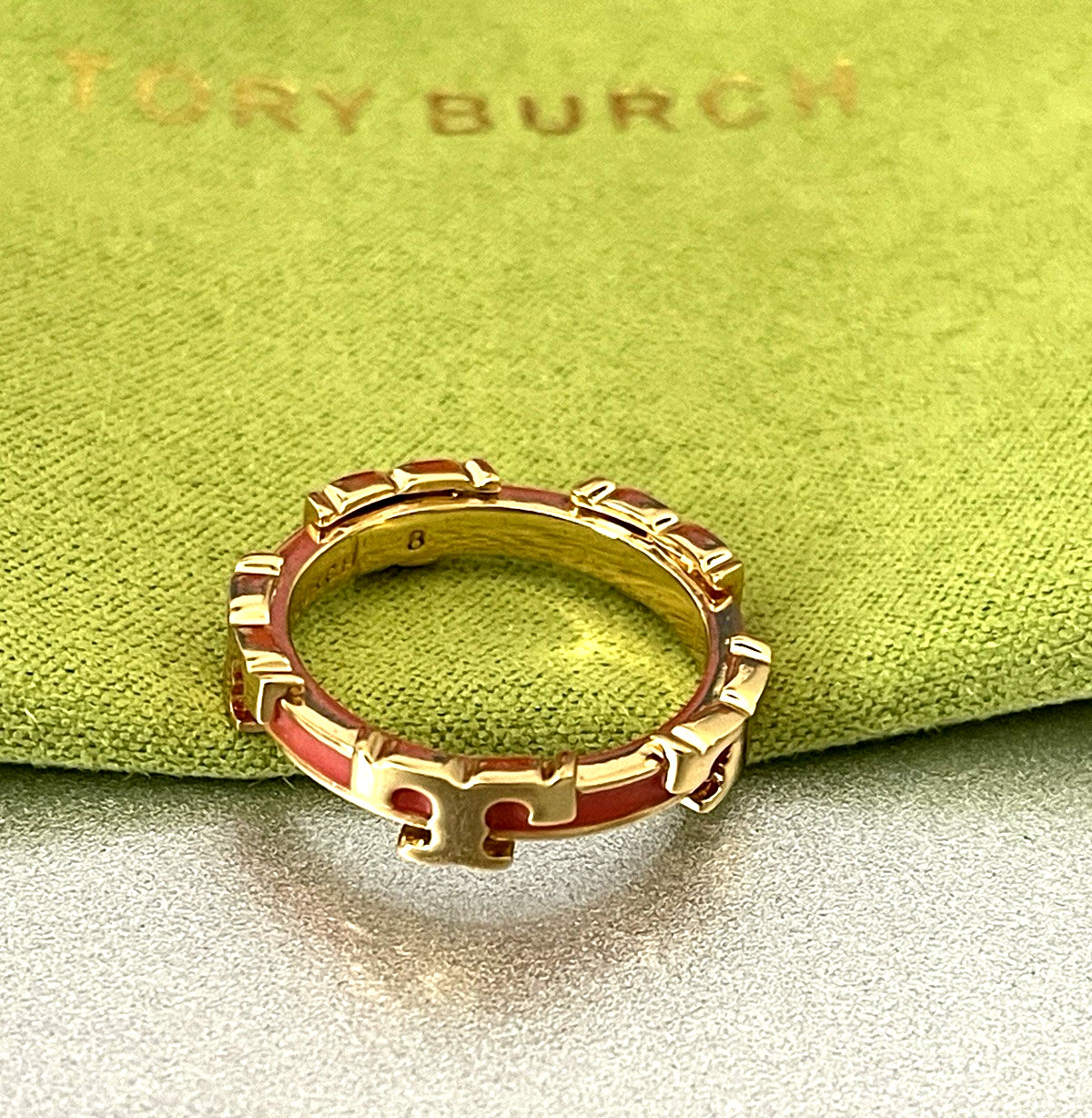 TORY BURCH Serif T Logo RED Enamel Stackable Ring Size 8.25 NEW w TAG & DUST BAG
