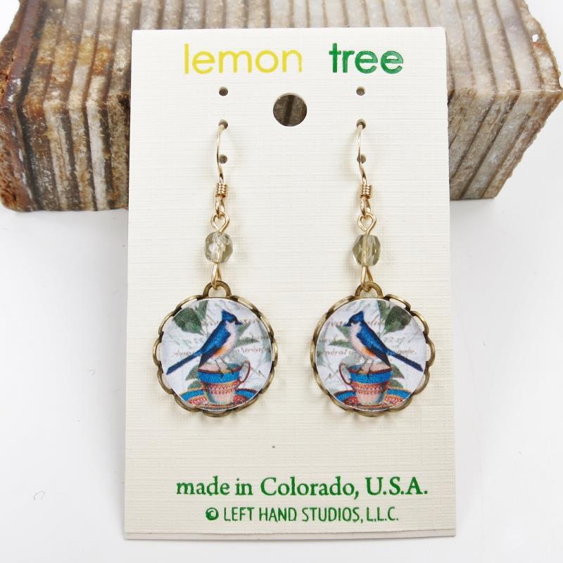 Blue Jay Tea Cup Lace Brass Round Disc Earrings Lemon Tree 14K GF Hook Handmade
