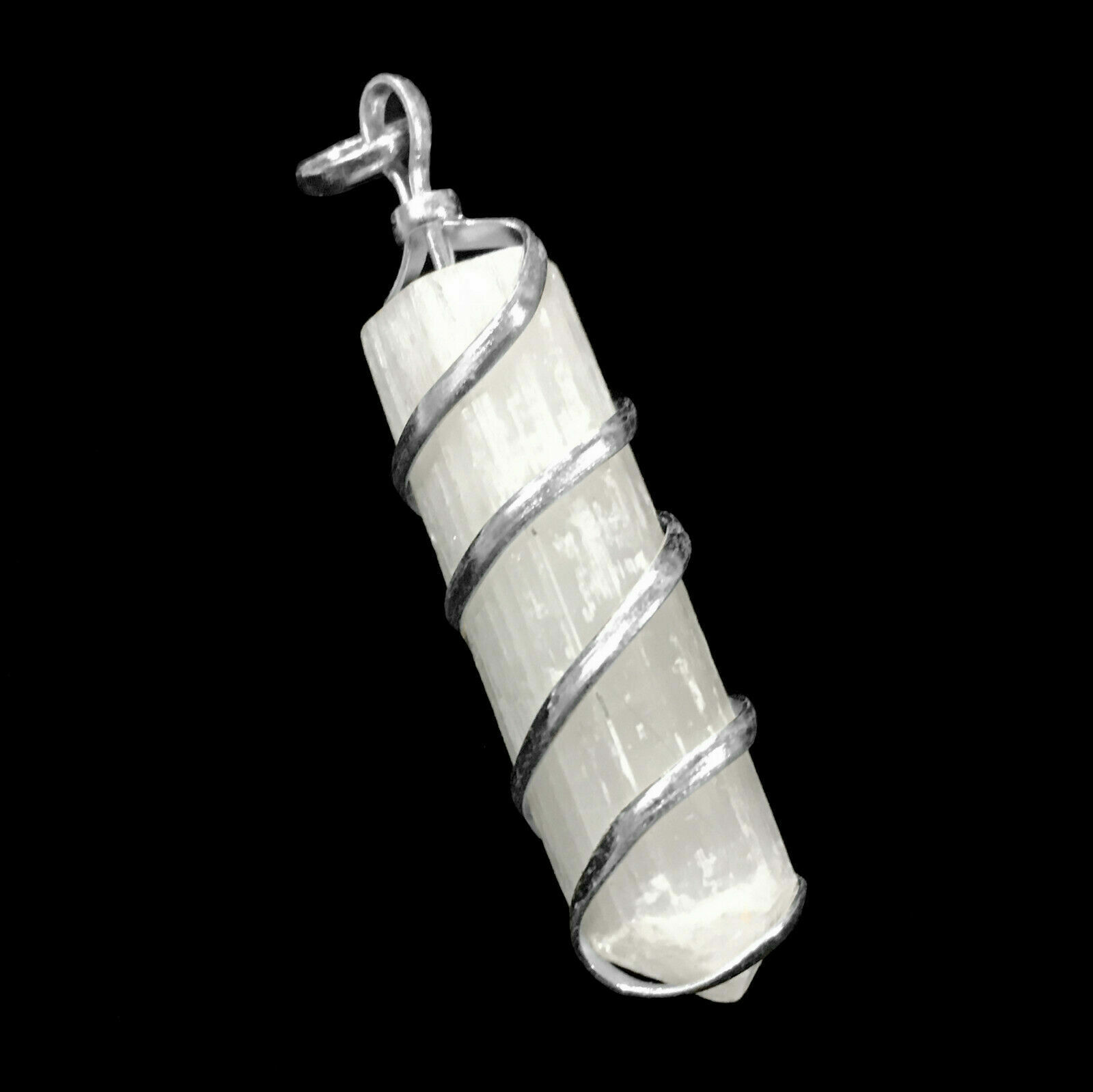 Selenite Wire Wrap Spiral Pendant Point Chakra Crystal Silver Necklace CHARGED