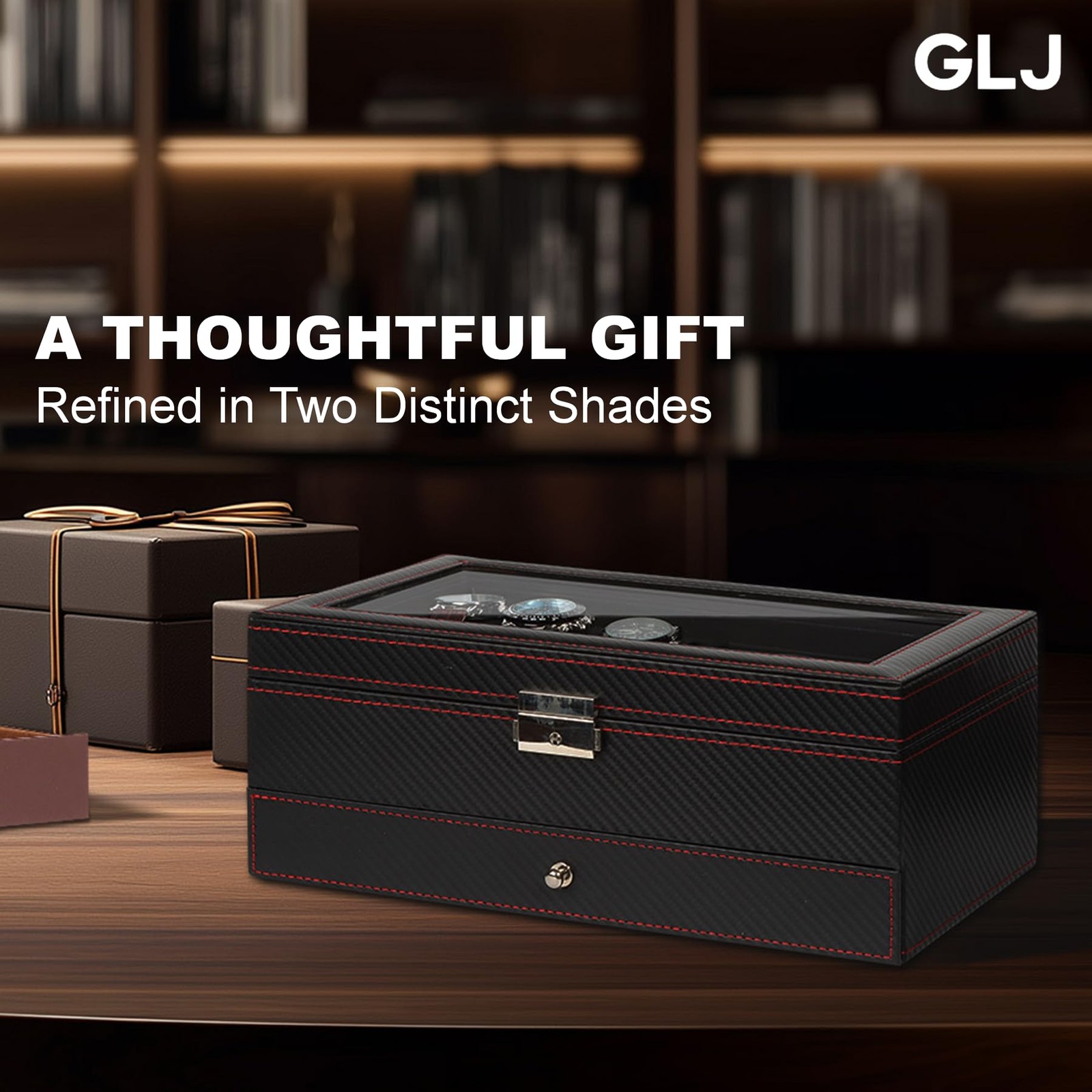 GLJ Jewelry Box for Men, 6 Slot Watch Organizer 6-Slots, Black