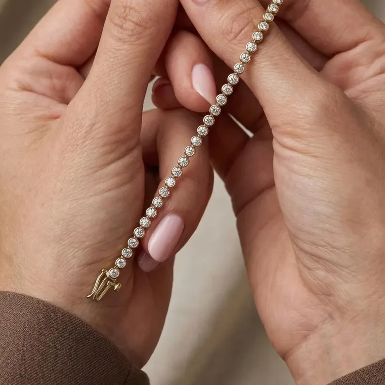 Natural Diamond Women’s Tennis Bracelet Bezel Style In 14k Solid Yellow Gold