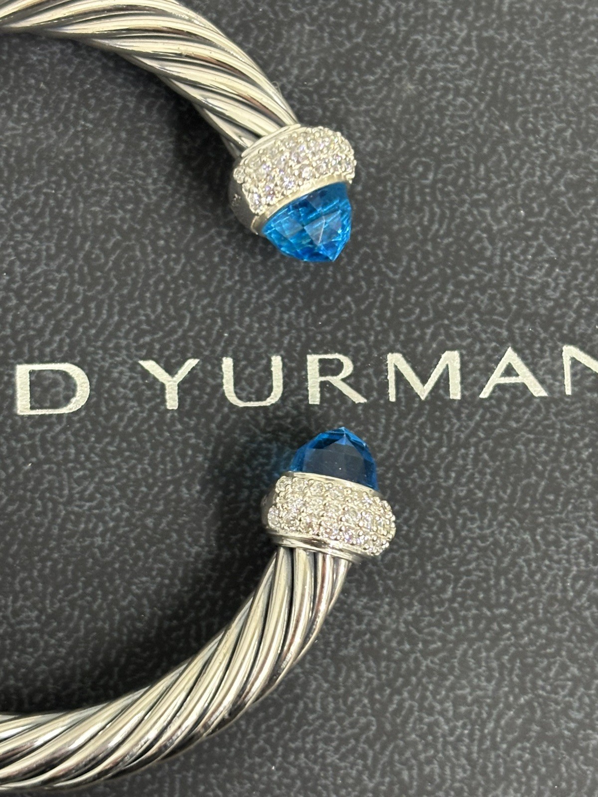 David 7mm Candy Cable Bracelet Silver & Diamonds Blue Topaz Size Medium