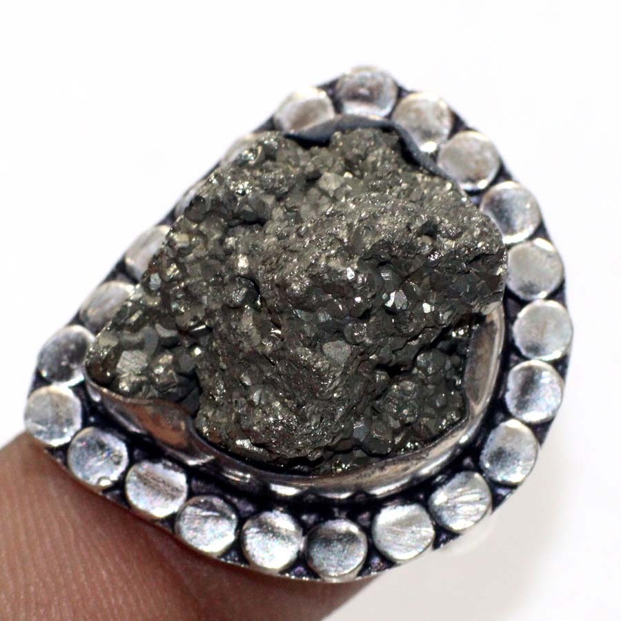 925 Silver Plated Pyrite Druzy Jewellery Ring Handmade Gemstone Size Us 8.5 GW