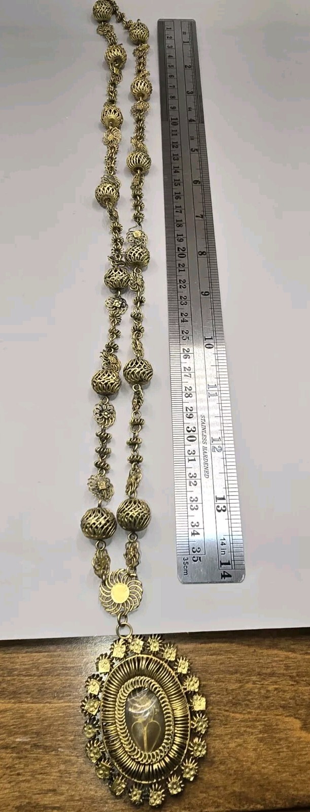 Philippines Tambourine Reliquary Gilt Copper Filigree Pendant Necklace Tamborin