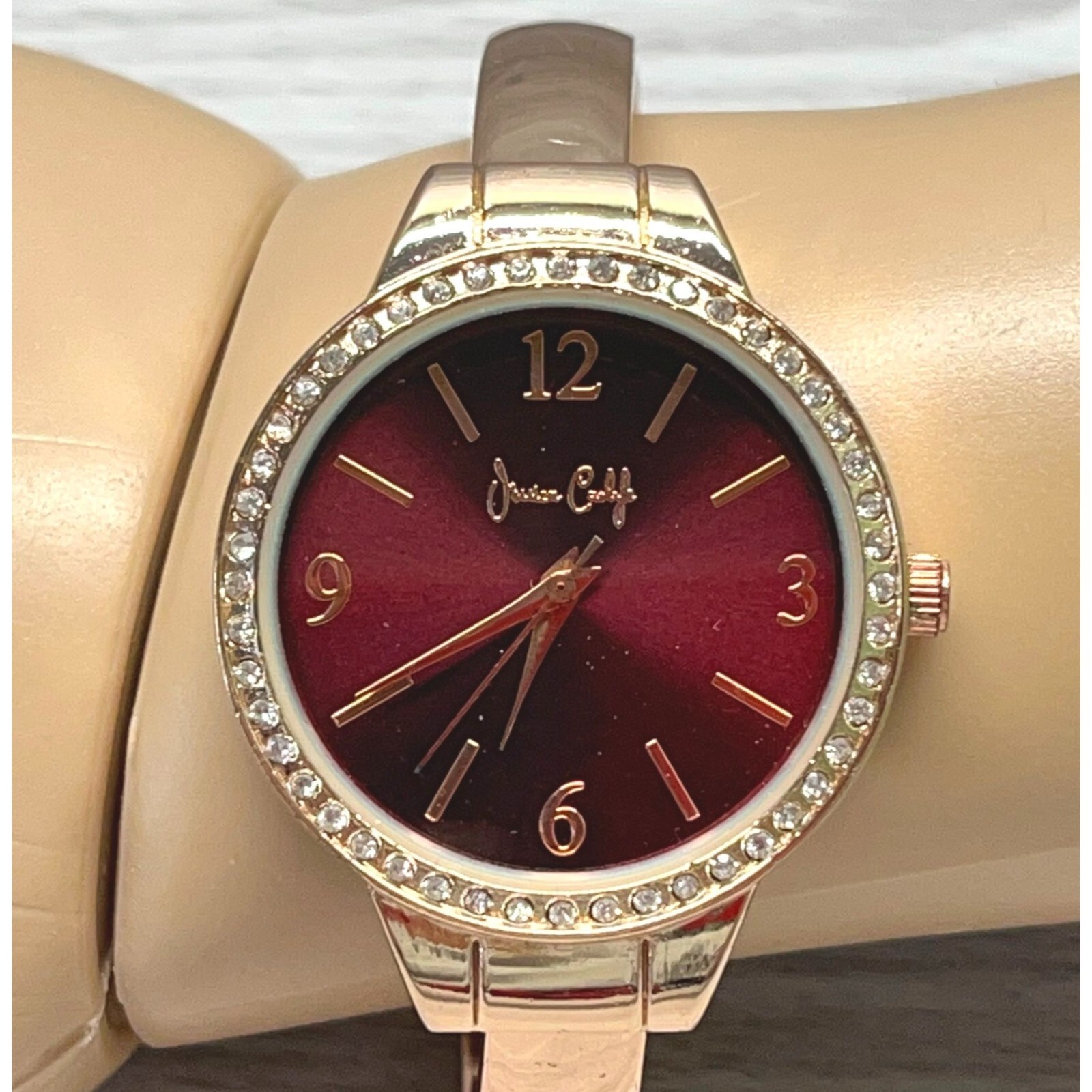 Jessica Carlyle Watch Cuff Bracelet Rose Gold Tone Quartz Rhinestones