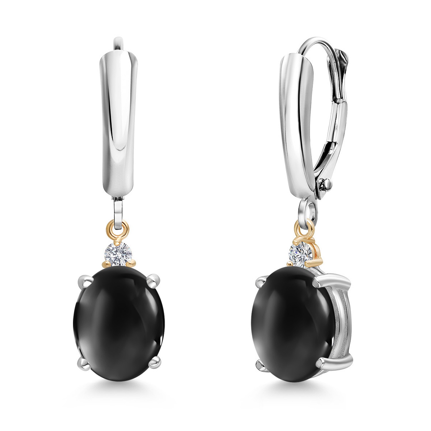 925 Silver and 10K Yellow Gold Onyx and Lab Grown Diamond Dangle Earrings for