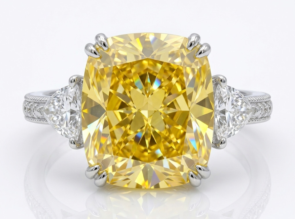 RARE 8.00 Ct Certified Cushion Cut Yellow Natural Diamond Ring White Gold Finish