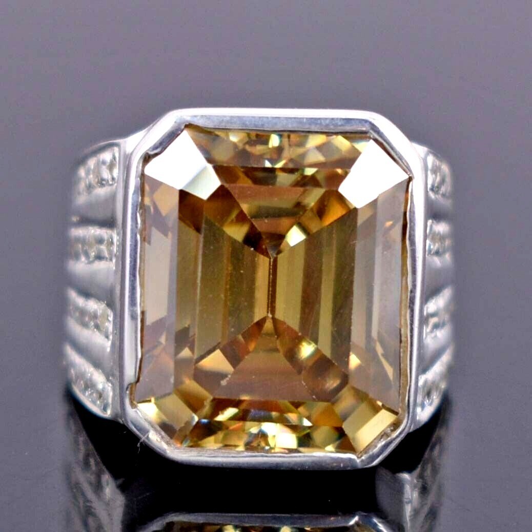 RARE 20.00 Ct Emerald Cut Champagne Treated Diamond Ring 925 Silver