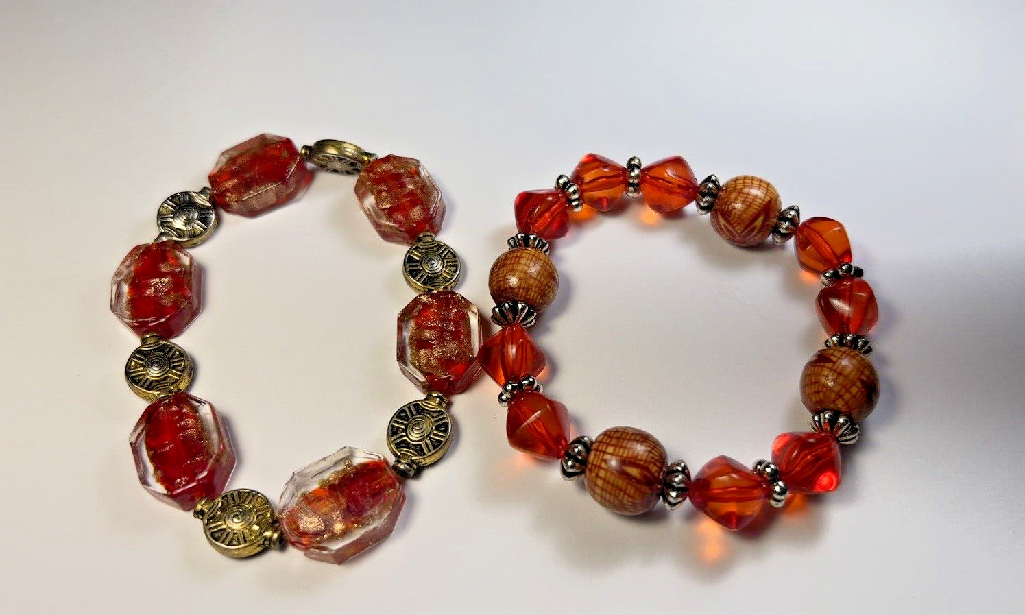 2 Matching Red and Orange Beaded Bracelets , Approx 6″ length