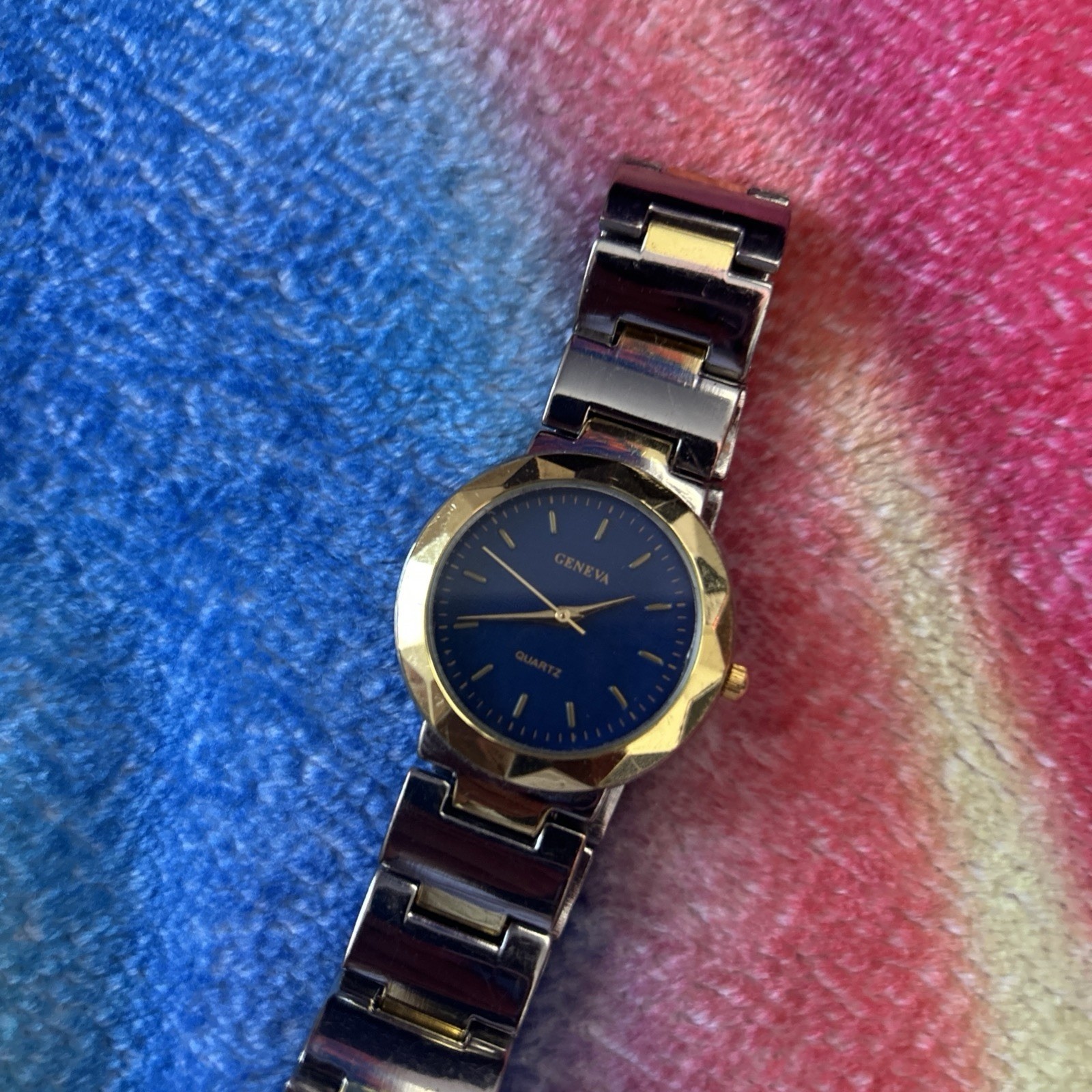 Geneva Quartz Blue Face and Gold and Silver Tone Band Watch