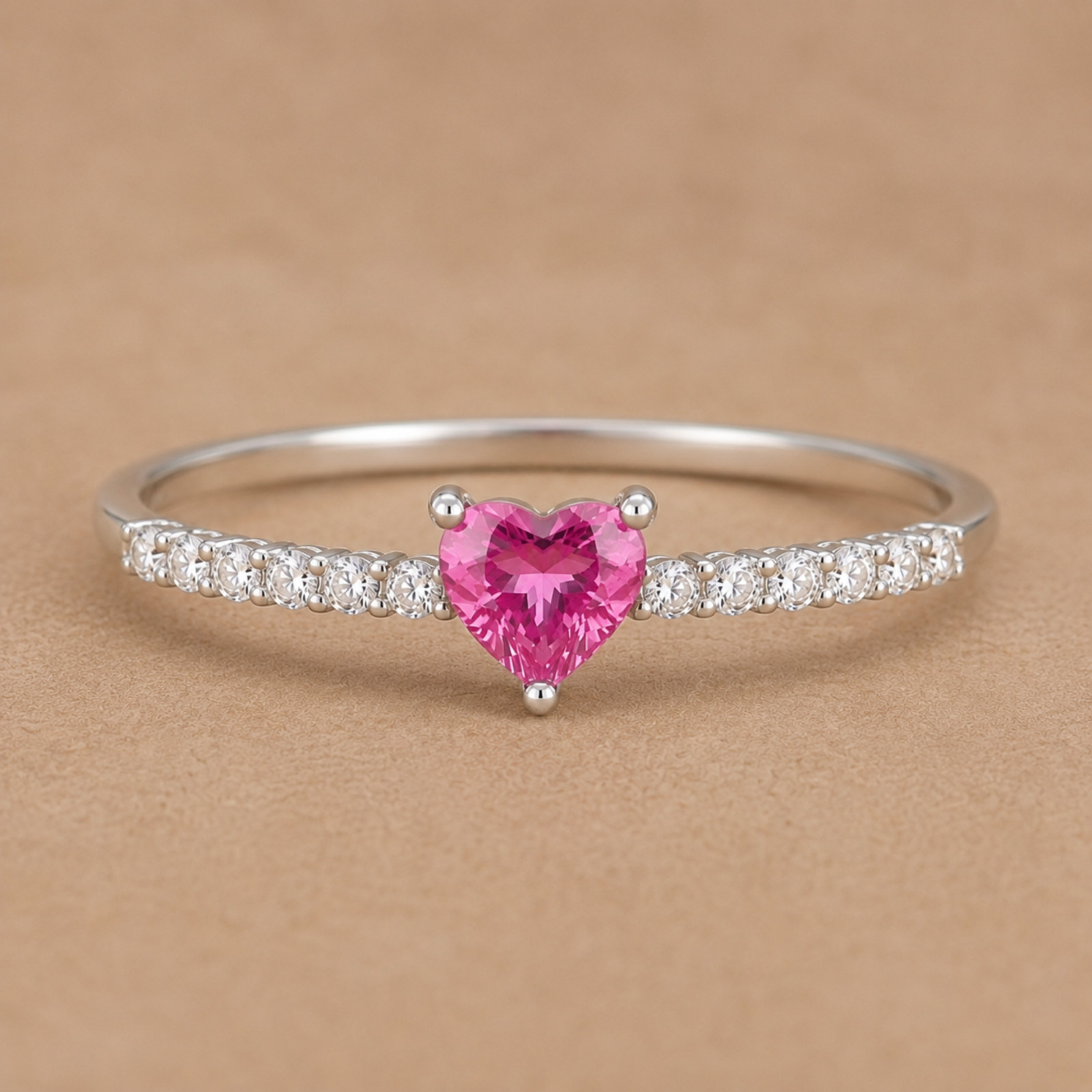 925 Sterling Silver Pink Heart Ring White Zircon Prong Set Promise Gift Ring