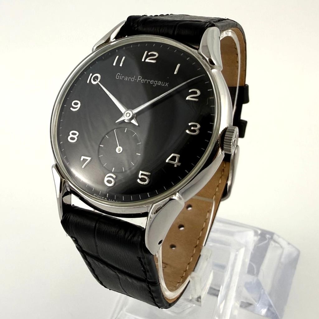 SWISS FINE GIRARD PERREGAUX LONG FANCY LUGS BOLD BLACK DIAL MANUAL WIND VINTAGE