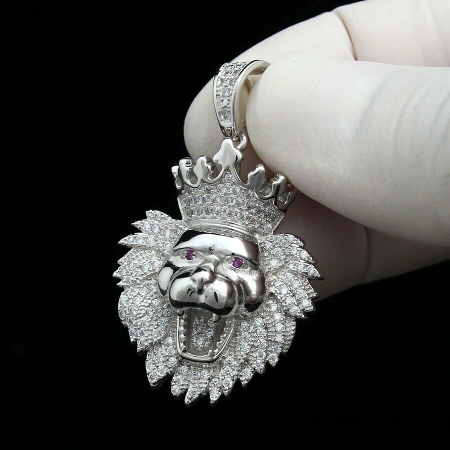3 CT Round Cut VVS1 Diamond Men’s 14K White Gold Over Lion Face Charm Pendant