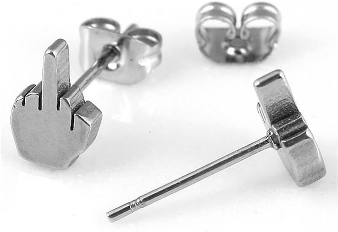 2Pairs Punk Stainless Steel 20G Silver Black Middle Finger Ear Studs Earrings Wo