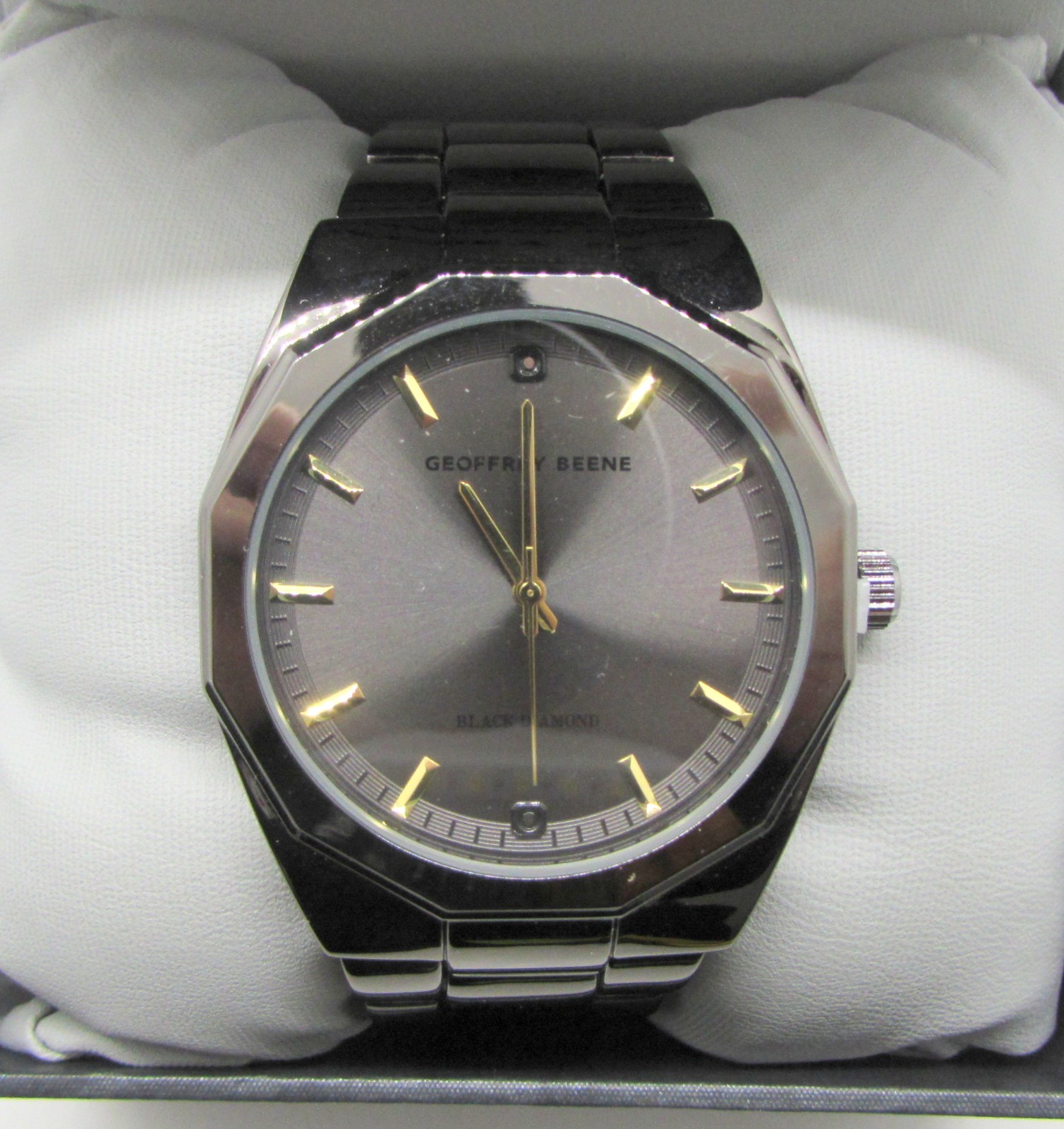NEW Geoffrey beene Genuine Black Diamond Silver&Gold Dodecagon Men’s Wrist Watch
