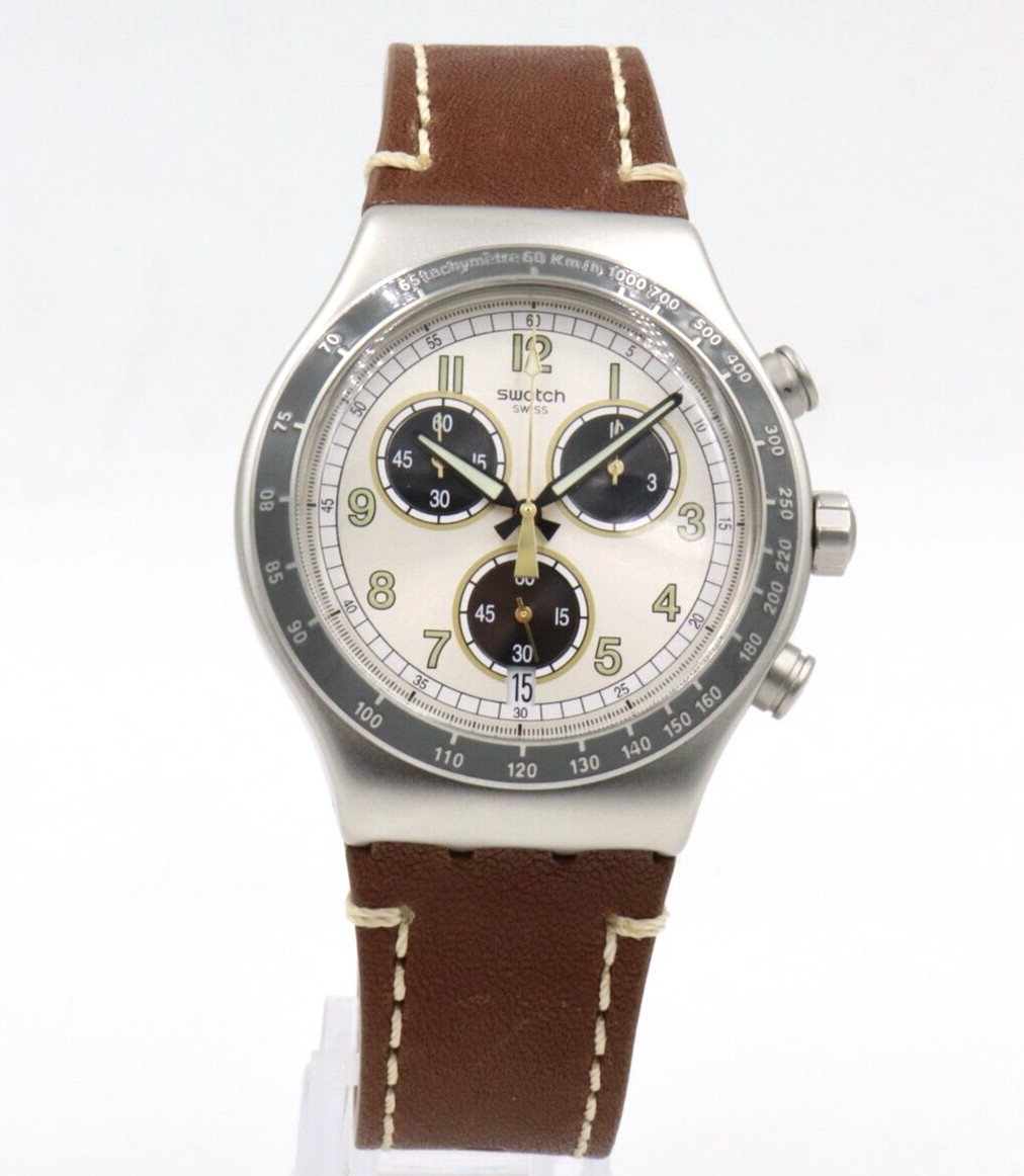 New Swiss Swatch Irony RHUM Chronograph Brown Leather Men Watch 45mm YVS455 $190