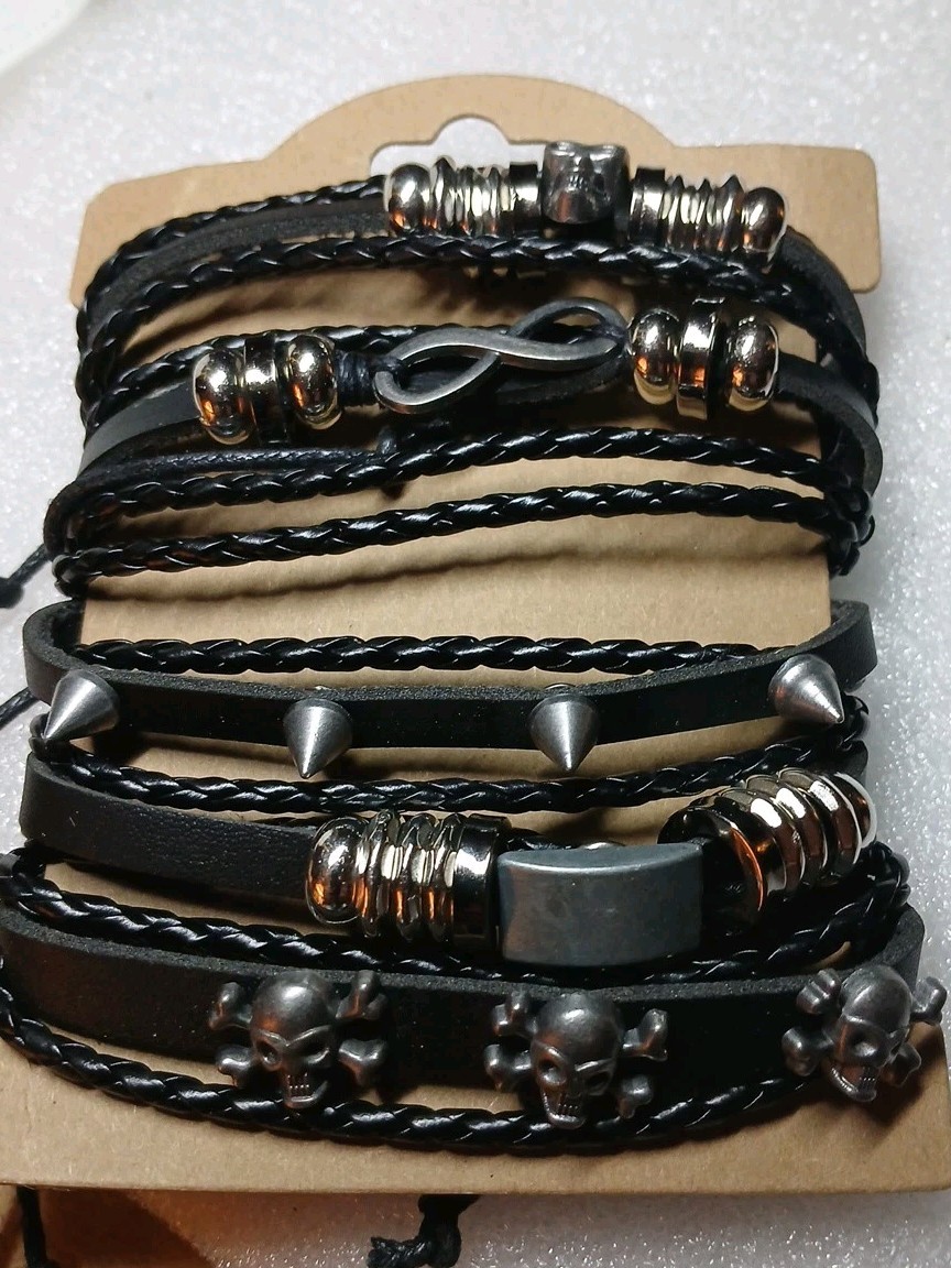 5PACK! LEATHER Tie Up Bracelets! 5 Styles, Skulls,spikes Goth,Biker