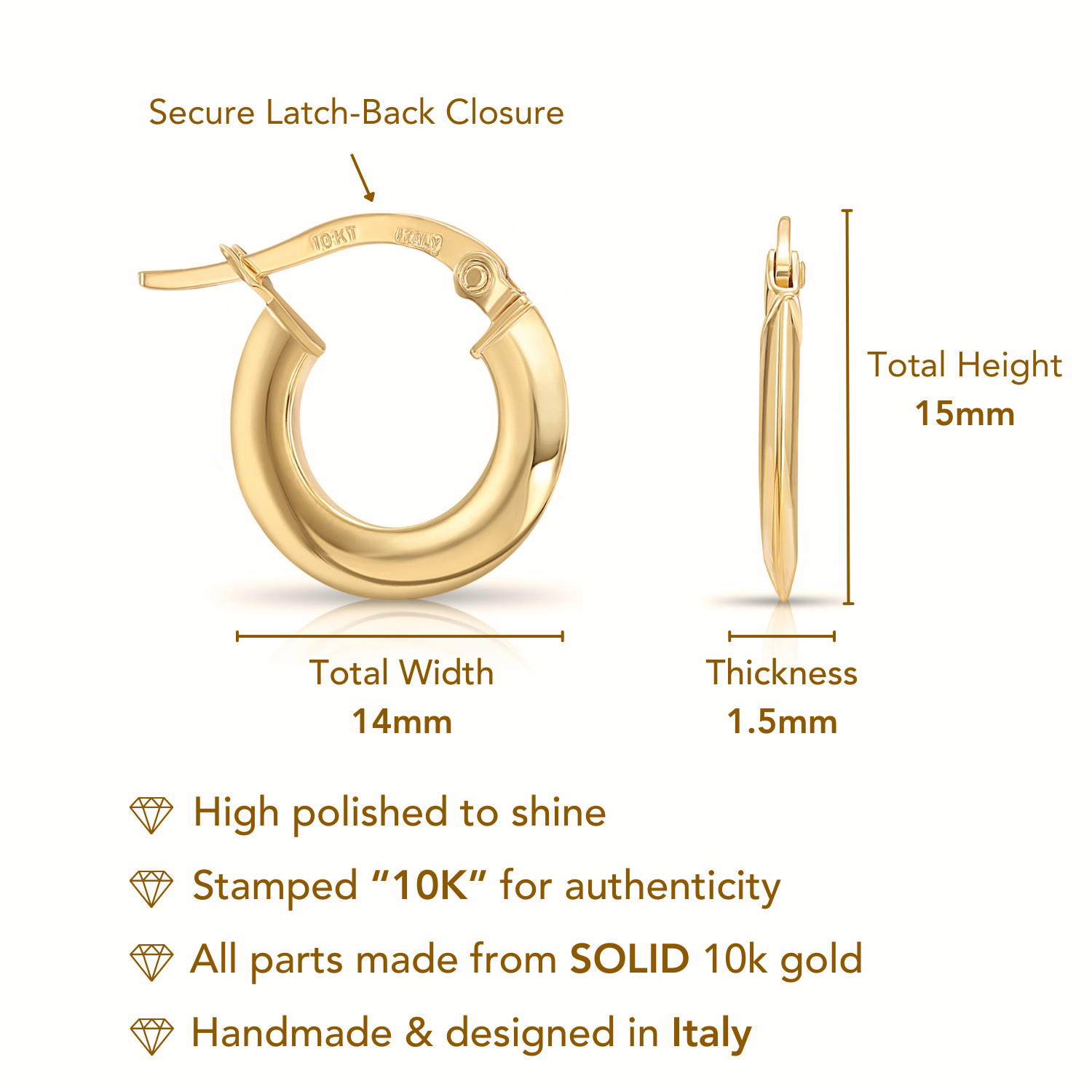 10K Real Solid Yellow Gold Shiny Polished Flat Tube Italian Hoops Earrings 14MM
