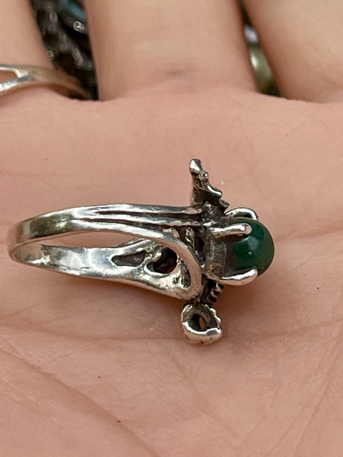 Sterling Silver 3-D Dragon Malachite In Talons Ring Fantasy Gothic Size 5.5
