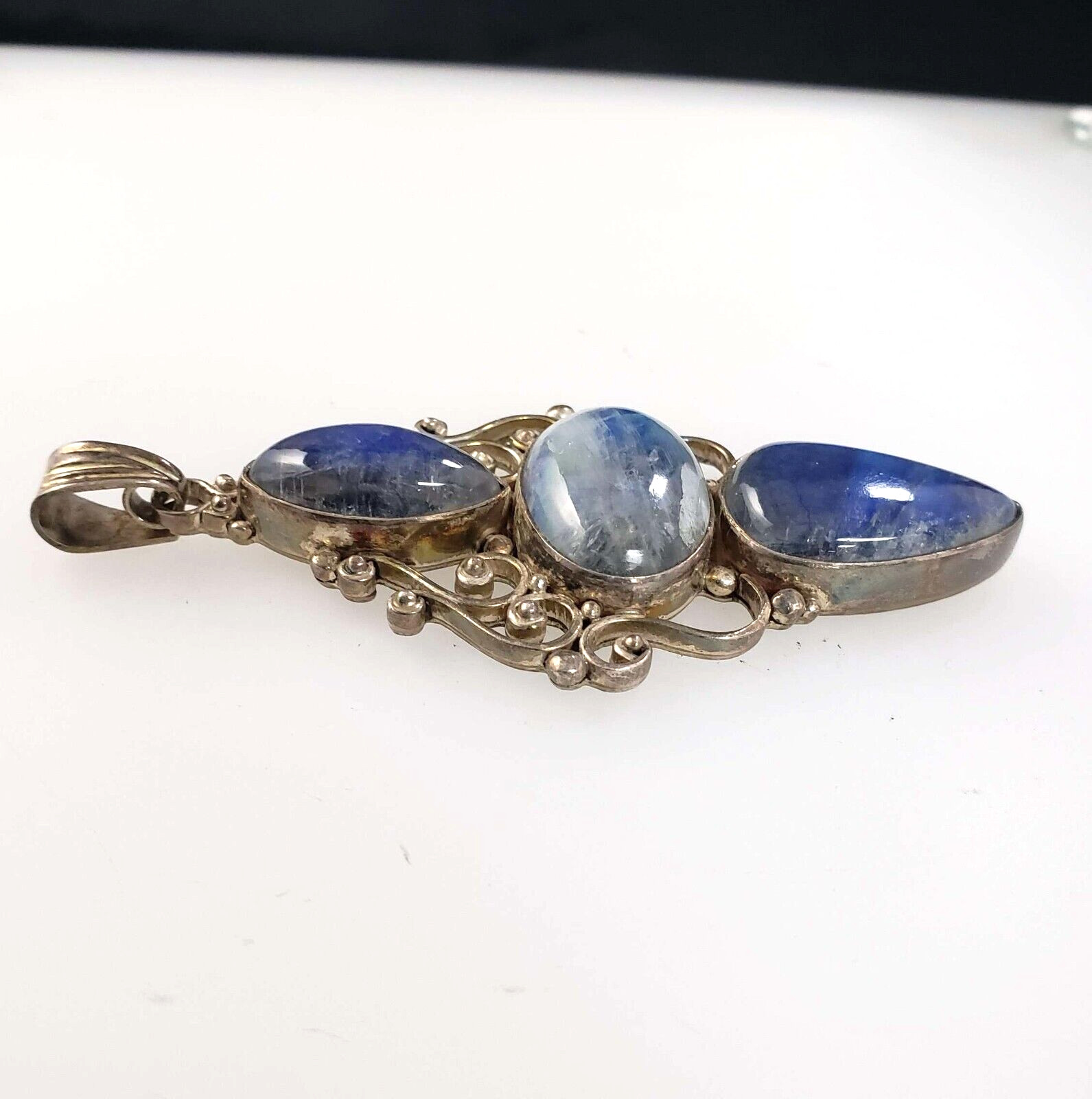 Vintage Handmade Sterling Silver 925 Three Stone Blue Labradorite Pendant PA-LP3