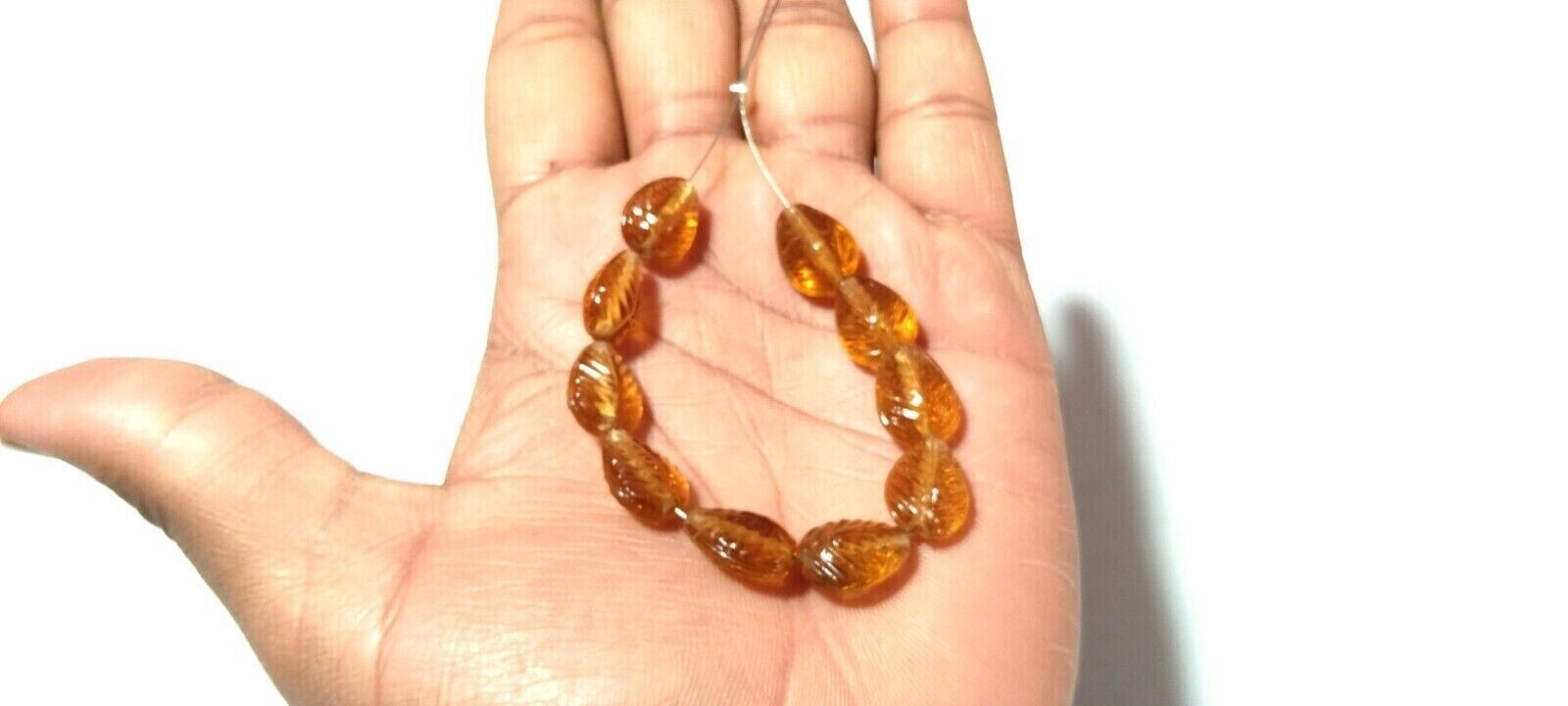 Spessartite Quartz Hydro Pear Leaf Carved 11x14mm Beads, Carved 7 Inch Bracelet