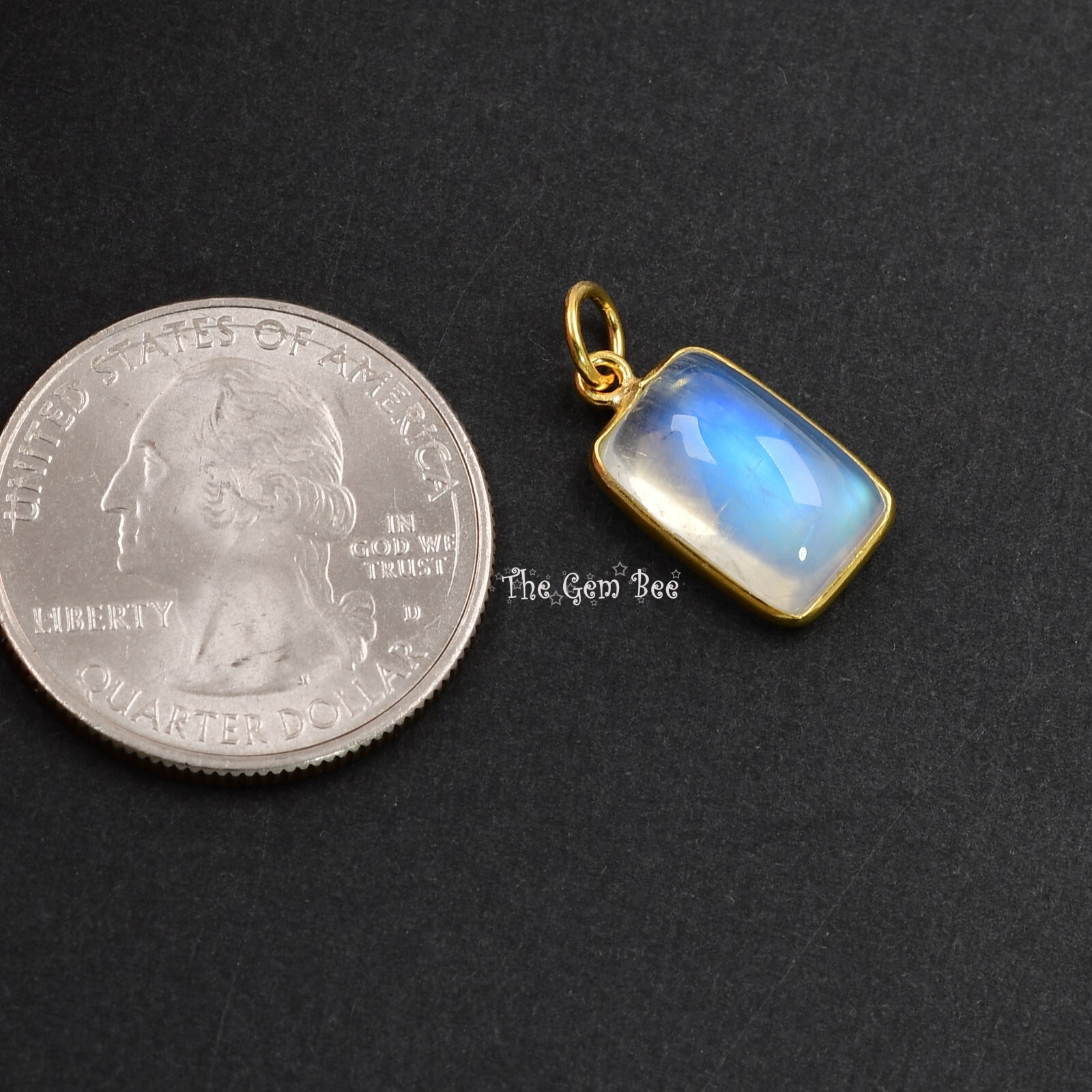 7.7CT 18k Solid Gold Blue Flash Rainbow Moonstone Pear Bezel Pendant Charm