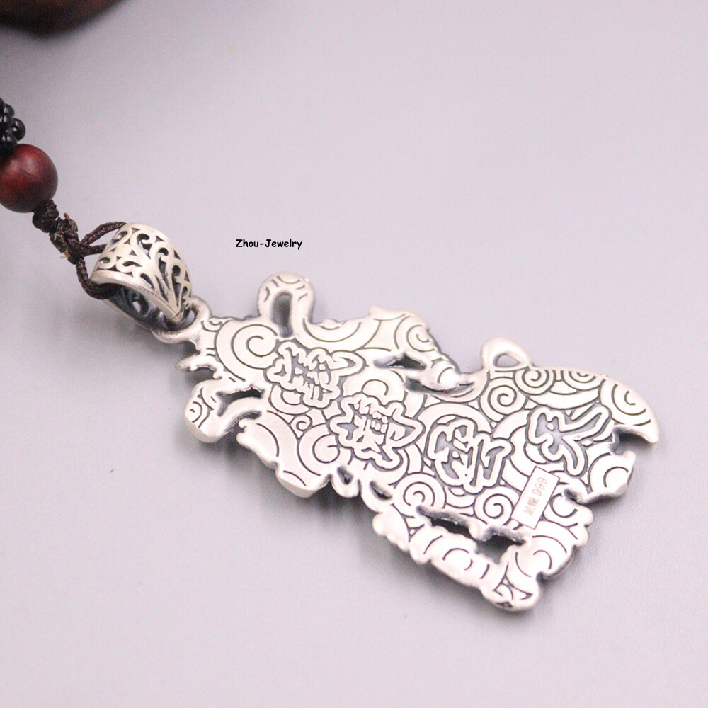 Pure S999 Fine Silver 999 Men Women Lucky Guangong Oblong Pendant 51*26mm