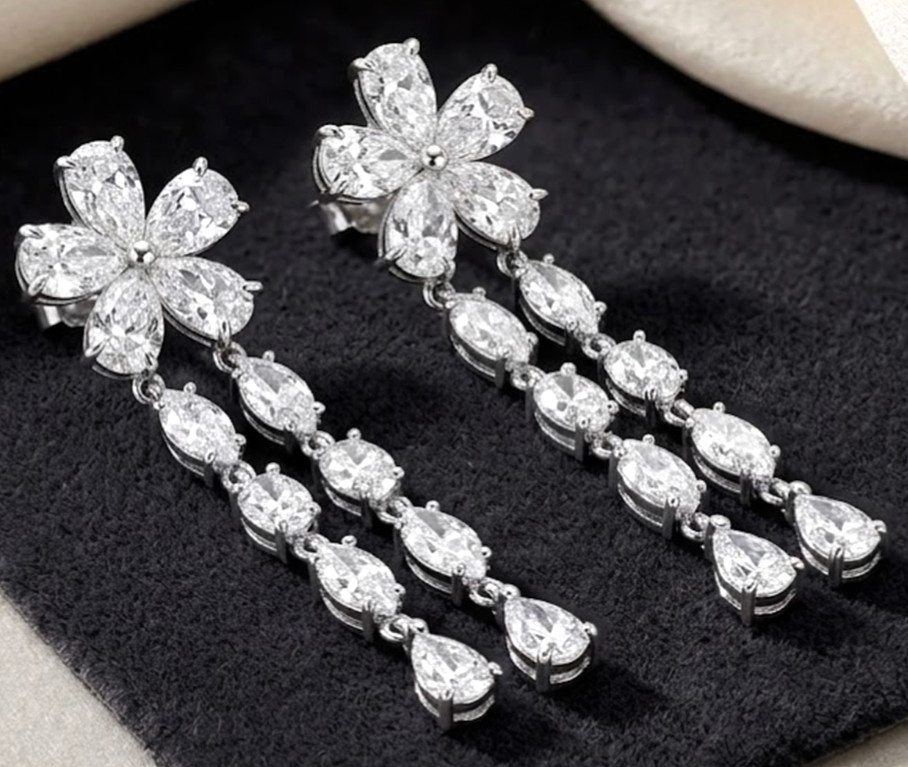 925 Silver, Gorgeous White Diamond Dangler Earrings, 11.40 Ct Certified Treated