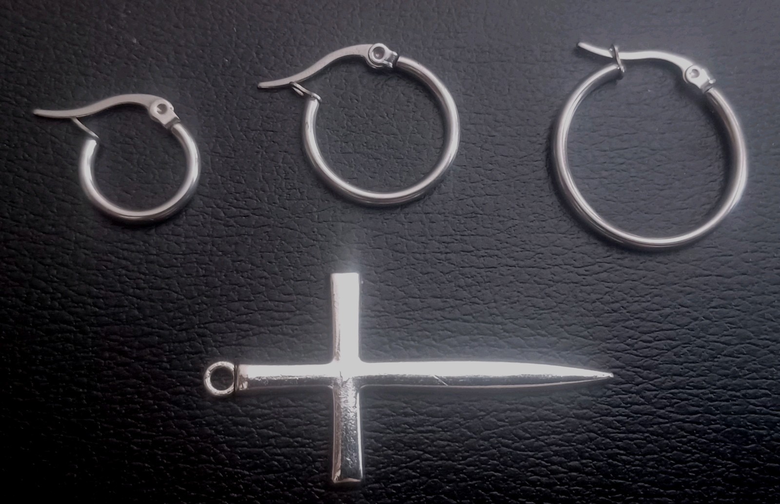 ONE (1) SINGLE STAINLESS STEEL CROSS DAGGER EARRING w/ THREE SIZE HOOP OPTIONS