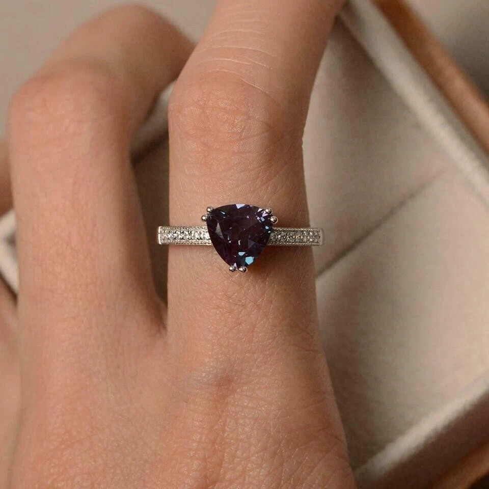 1.50Ct Trillion Cut Alexandrite Solitaire Engagement Ring 14K White Gold Finish
