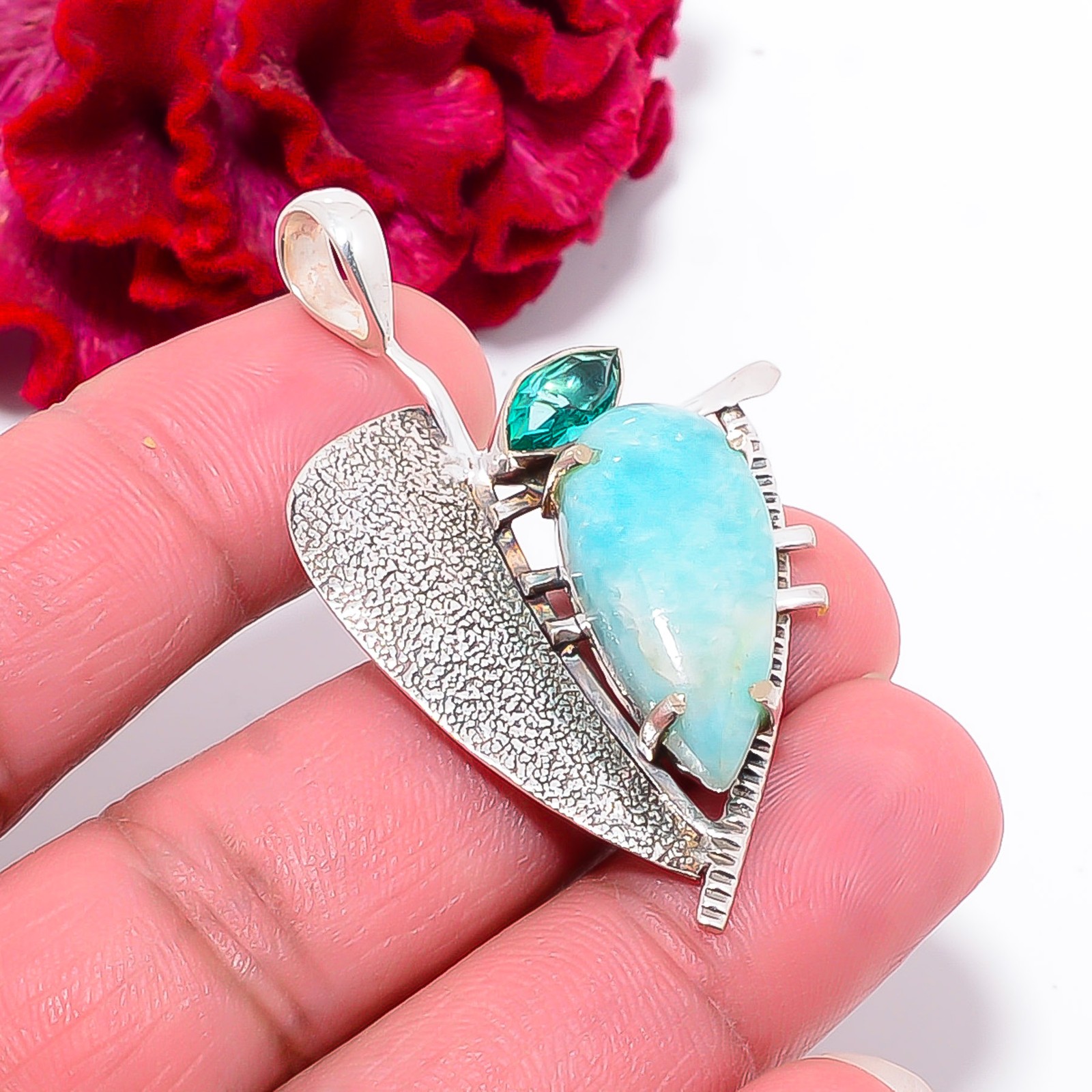 Amazonite – Peru & Teal Tourmaline Gemstone 925 Sterling Silver Pendant 2.03″ P1