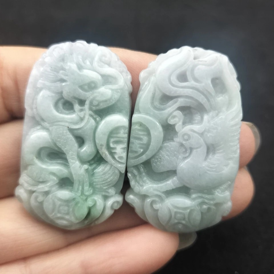1Pair/2PCS Certified Green Natural Type A Jade Jadeite Dragon Phoenix Pendant