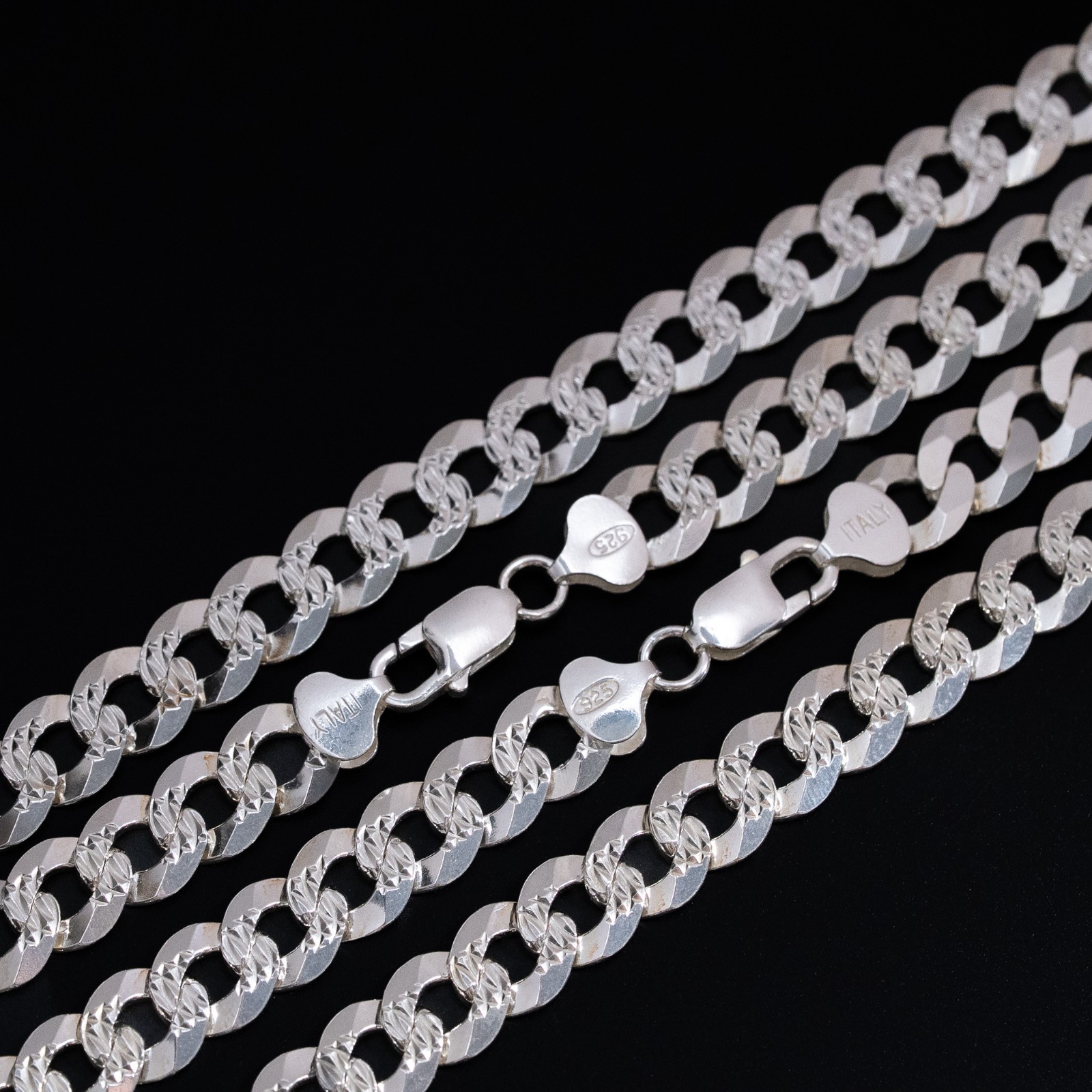 Men’s 925 Silver Diamond Cut Flat Miami Curb Cuban Link Chain Necklace 10mm