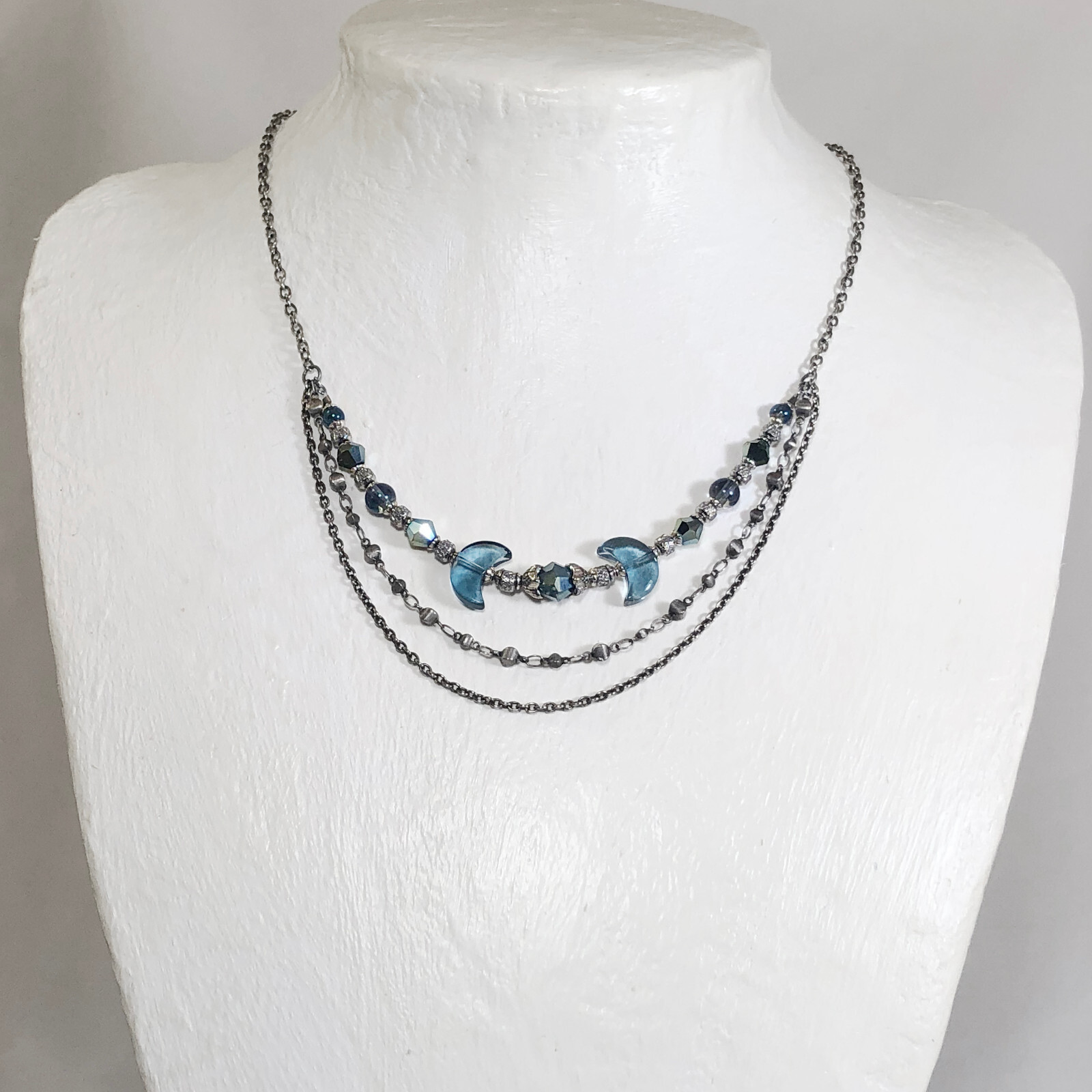 Midnight Blue Crescent Moon Necklace with Titanium Coated Quartz