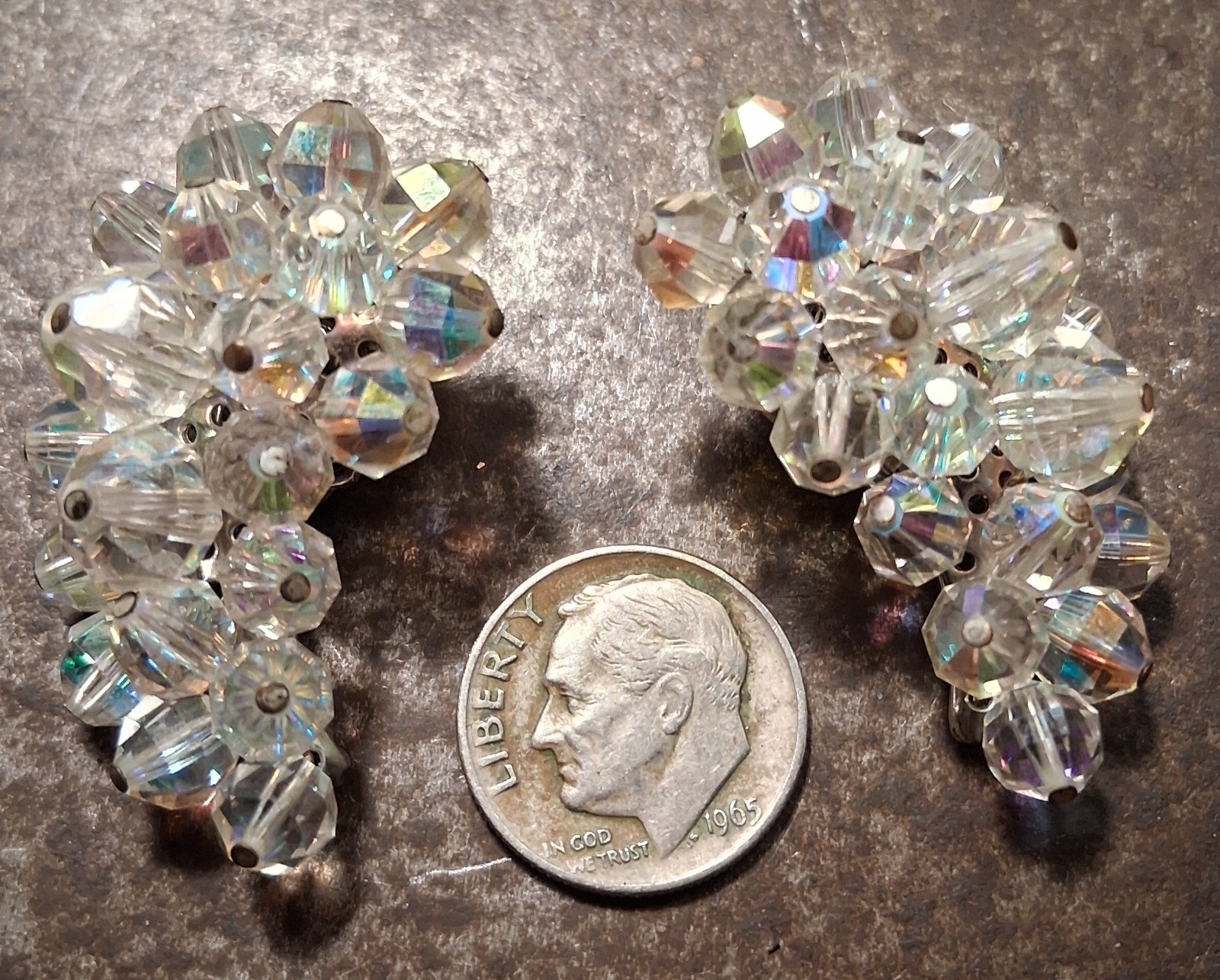Vtg Crystal LAGUNA Clip Earring Cluster Aurora Borealis Bead Crescent Silvertone