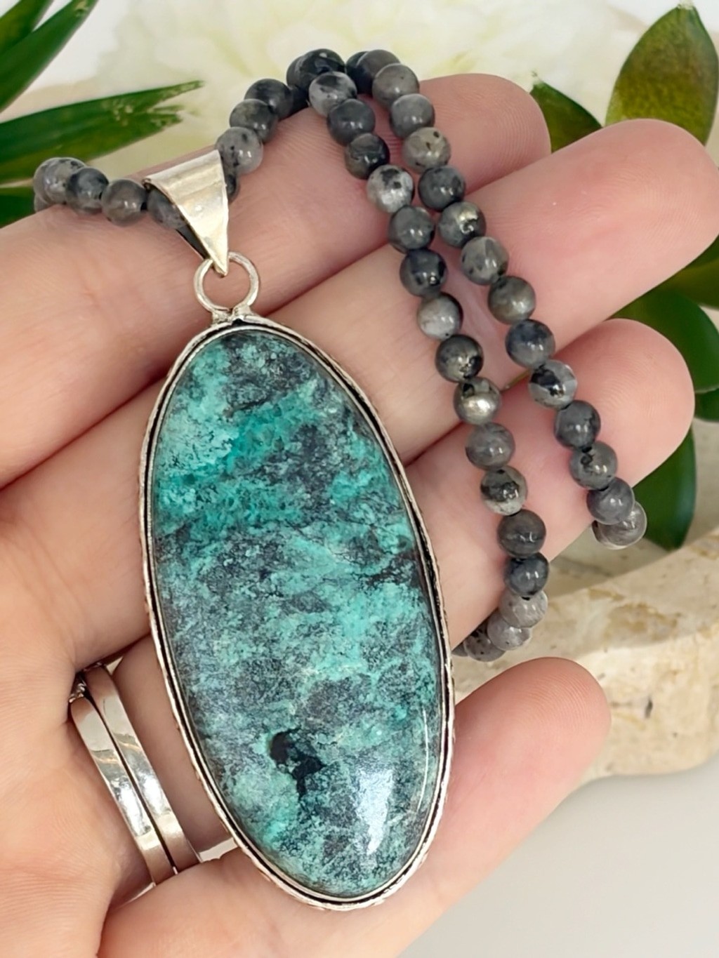 XL Chrysocolla Pendant Moonstone Necklace Vintage Southwest Style New 925 Overla