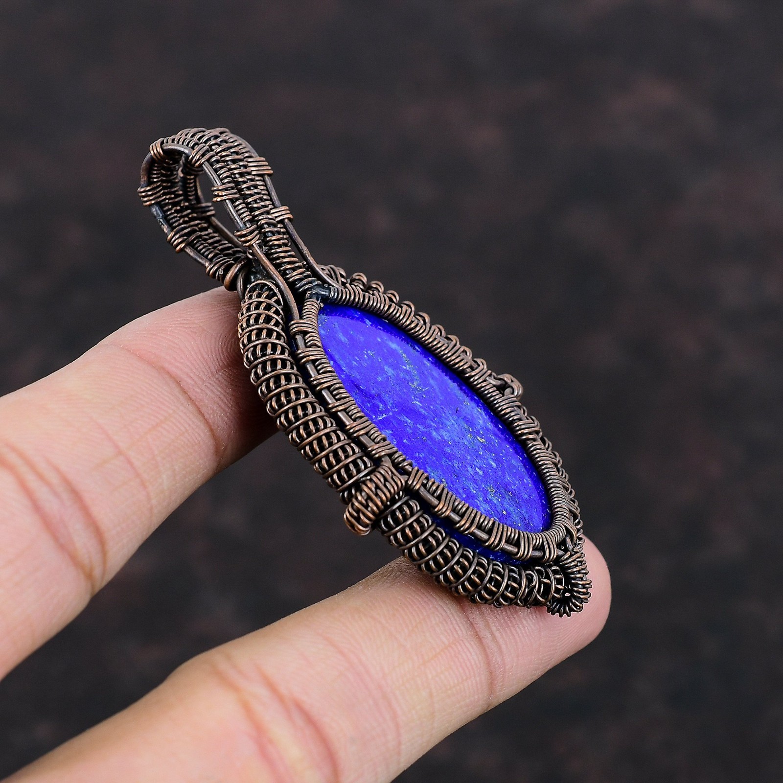 Lapis Lazuli Gemstone Copper Sister September Birth Wire Wrapped Pendant Jewelry