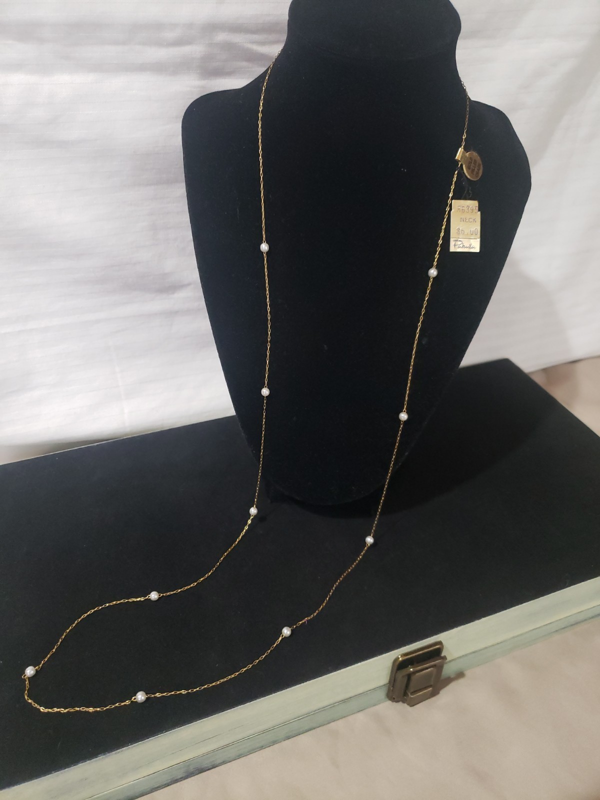 Vintage Gold Filled Station Necklace Faux Pearl Satellite Chain w/ Original Tag