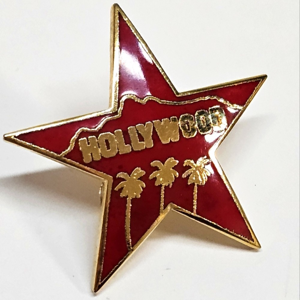 VINTAGE Hollywood Hills Red Gold Enamel Metal Star Future Primitive Lapel Pin
