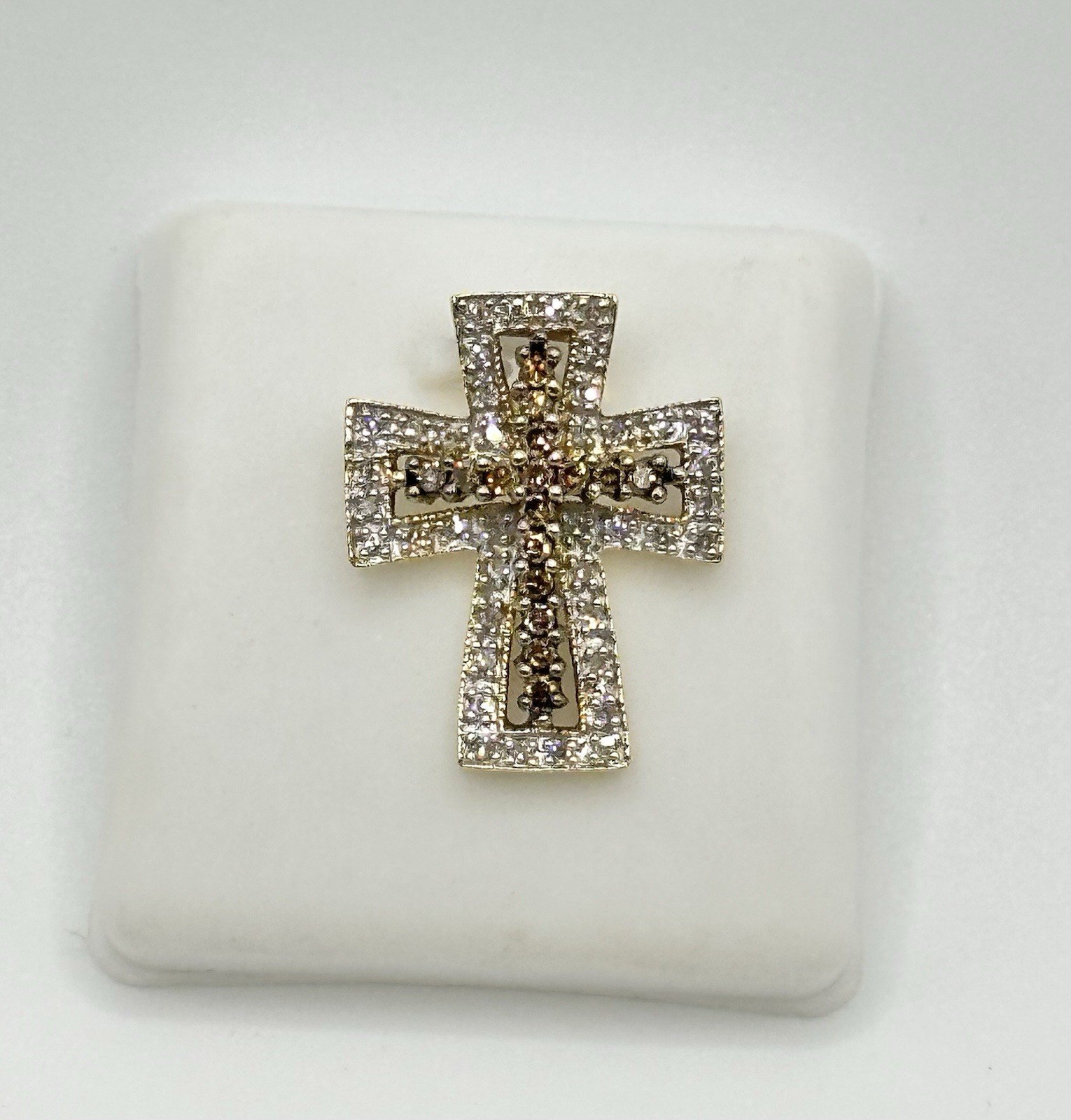 .72ctw Natural Chocolate & White Diamond Cross Pendant 14k Yellow Gold 3.2 Grams