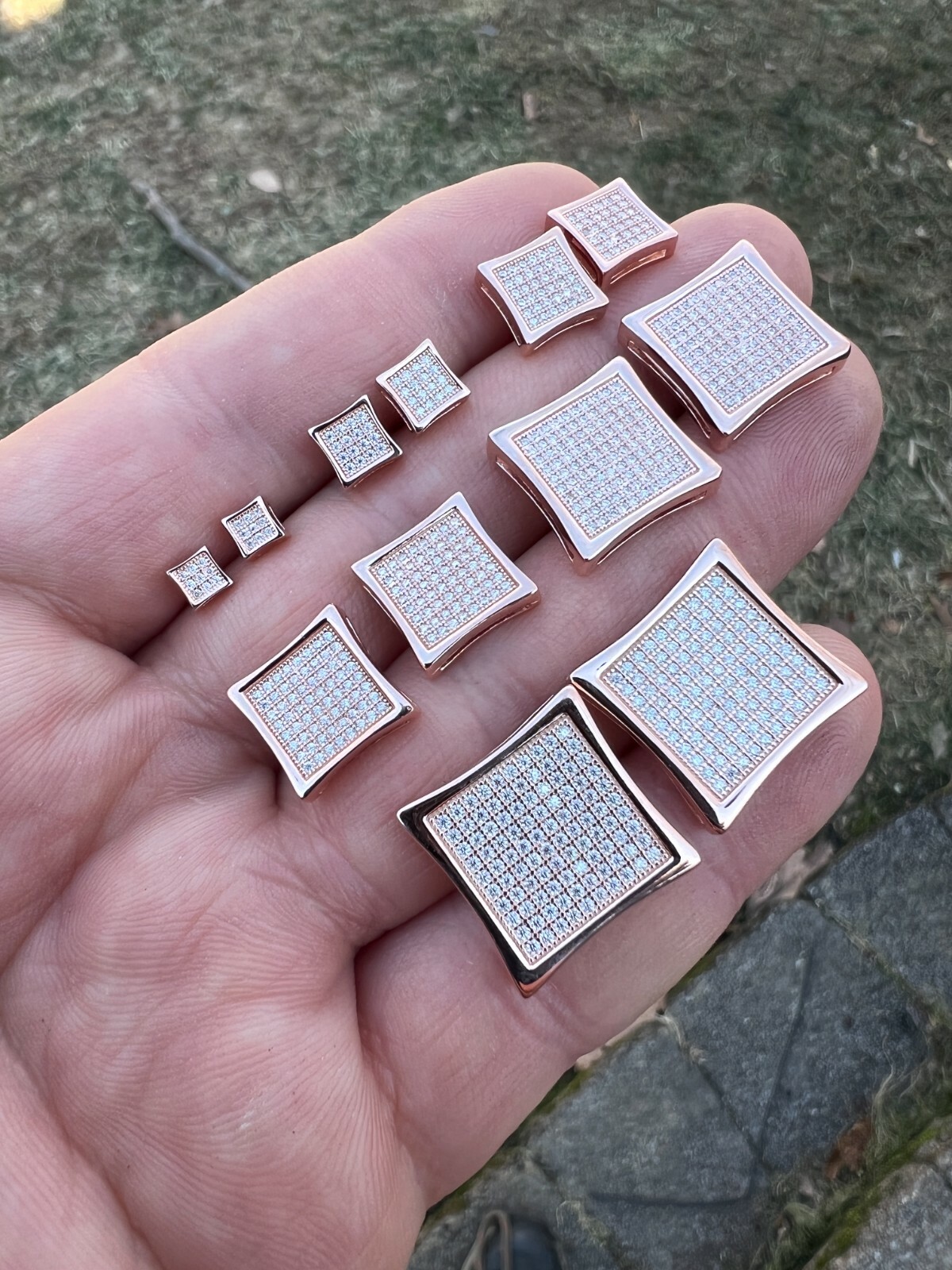 Square Kite Earrings Iced CZ Hip Hop Mens Ladies Real 14k Rose Gold Plated
