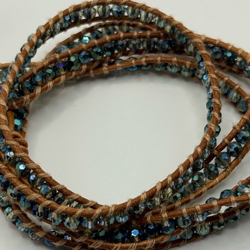 Victoria Emerson 5‑Wrap Bracelet – Iridescent Green/Blue Crystals on Tan Leather