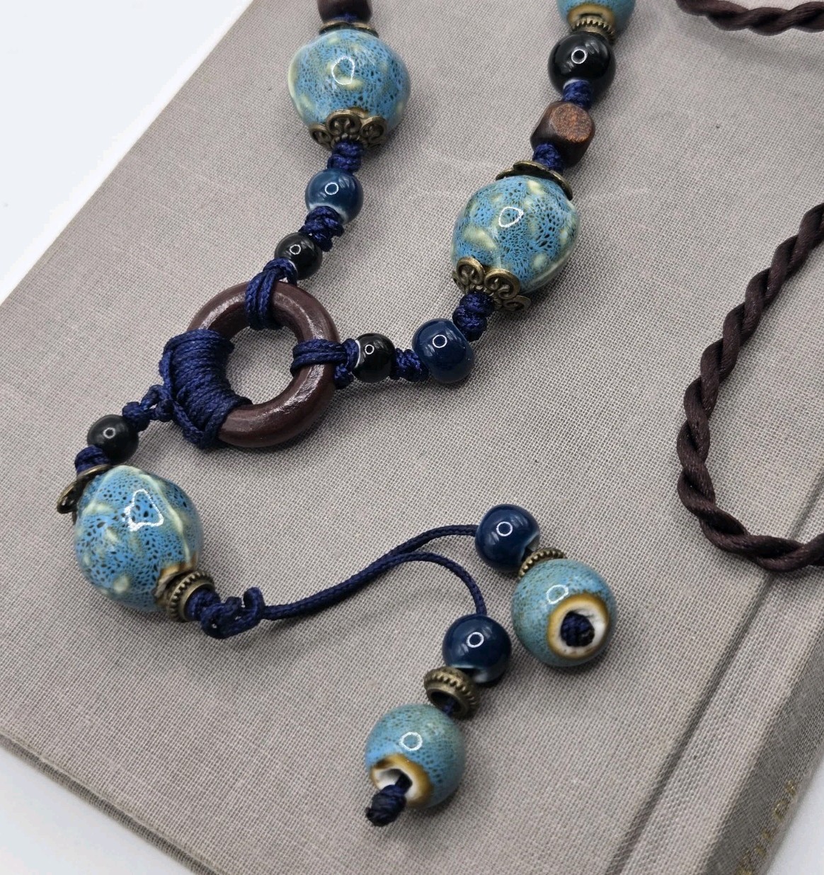 Blue Ceramic Bead Cord Macrame Necklace Chunky Twisted Rope Western VTG Fairy
