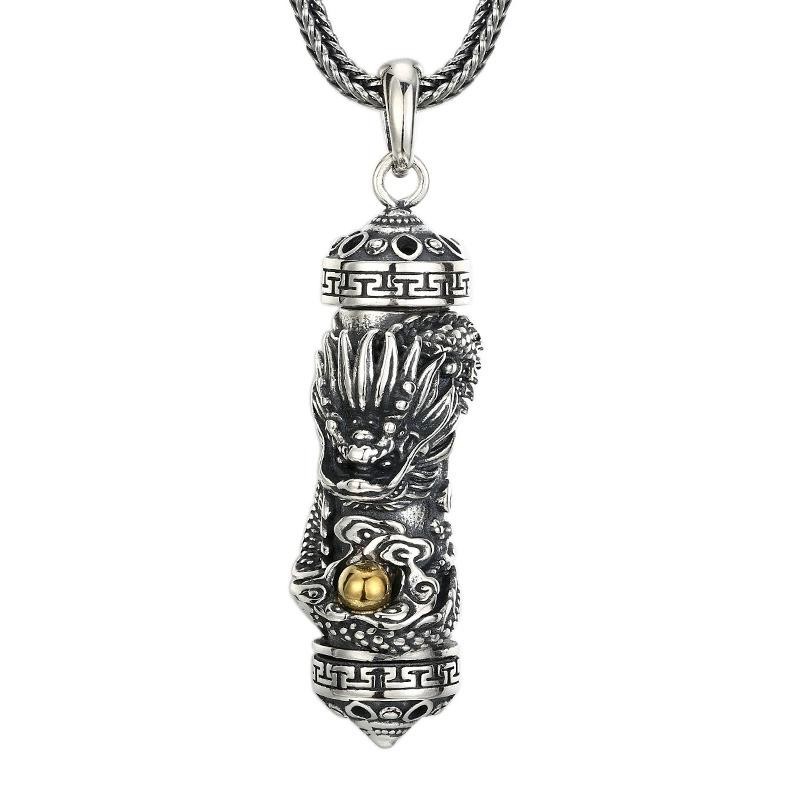 Pure S925 Sterling Silver Men Women Lucky Dragon Pillar Pendant 17-18g 44*14mm