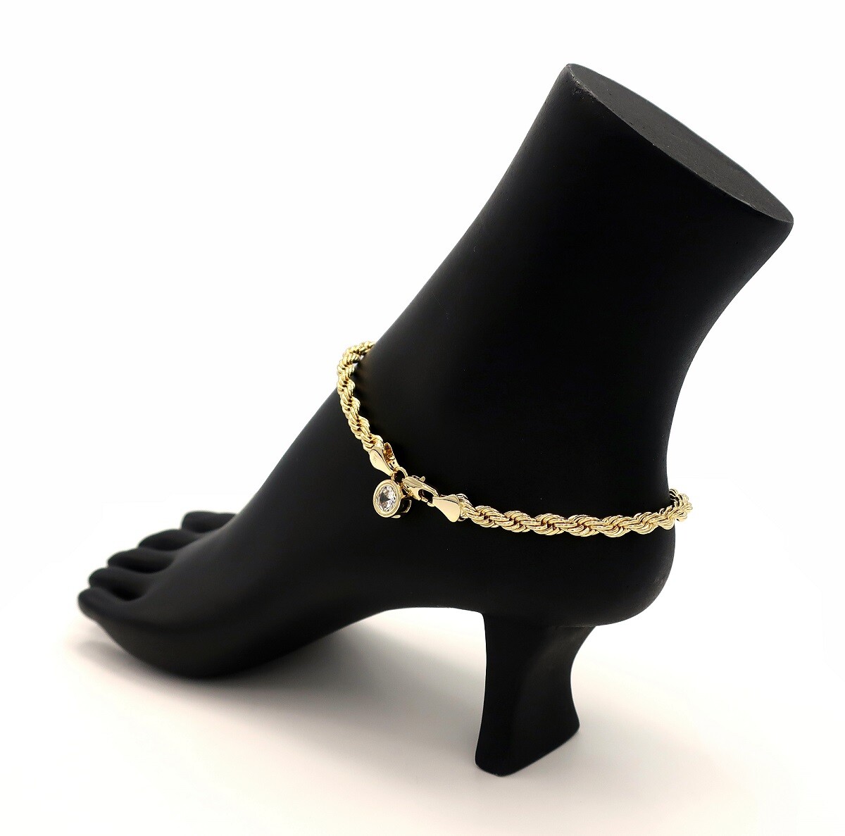 TWIST ROPE CHAIN 5mm CUBIC ZIRCONIA ANKLET BRACELET 14K ITALY GOLD PLATED