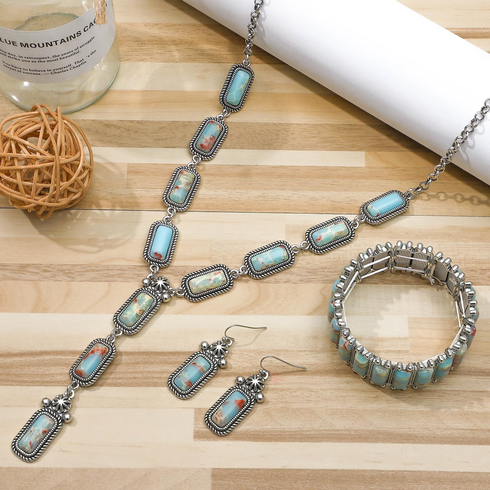 NEWITIN 4 Pieces Silver Bohemian Jewelry Set Adjustable, Colorful Turquoise