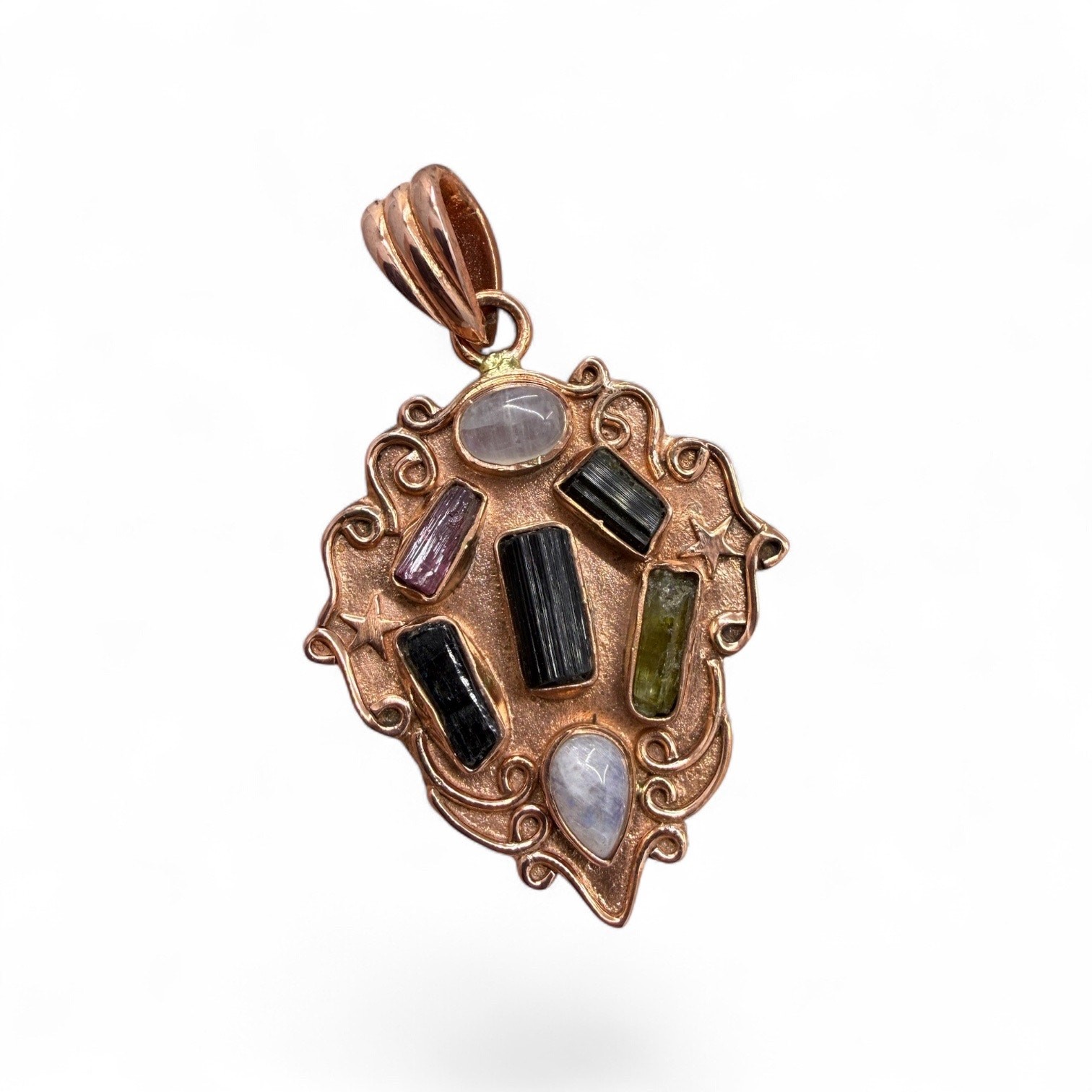Multicolor Tourmaline Moonstone Copper Shield Pendant Handmade Pink Green Black