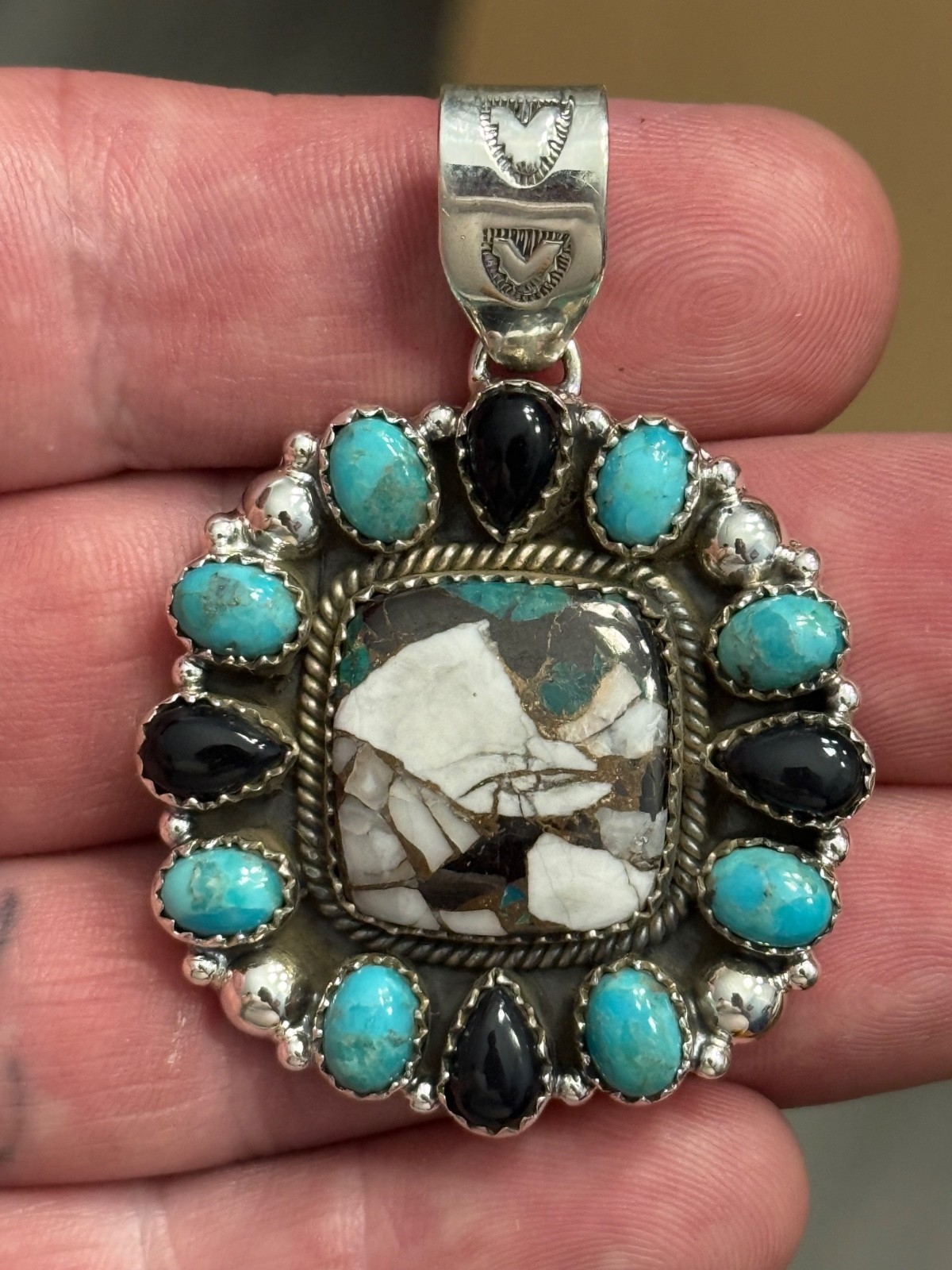 STERLING SILVER TURQUOISE WHITE BUFFALO MIX ONYX BIG CLUSTER DOME PENDANT .925