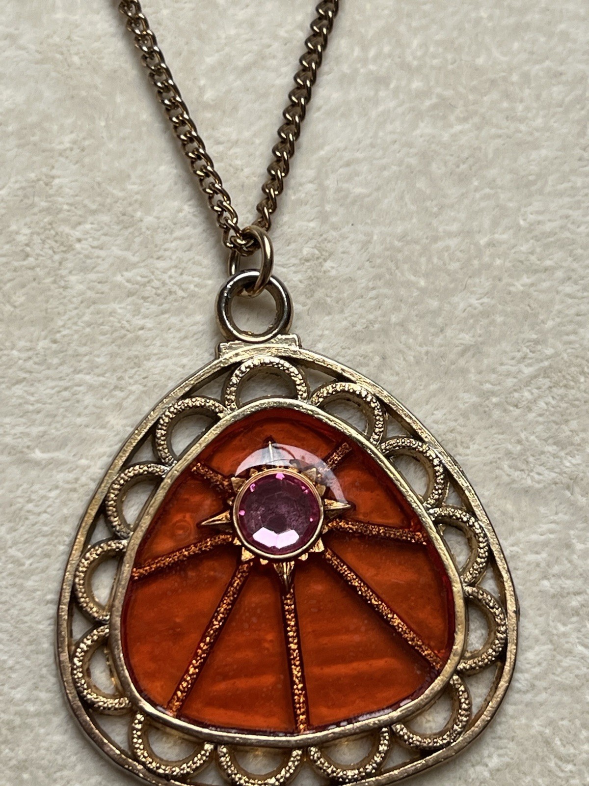 Vintage Orange Translucent Resin Pink Rhinestone Pendant Necklace 23”
