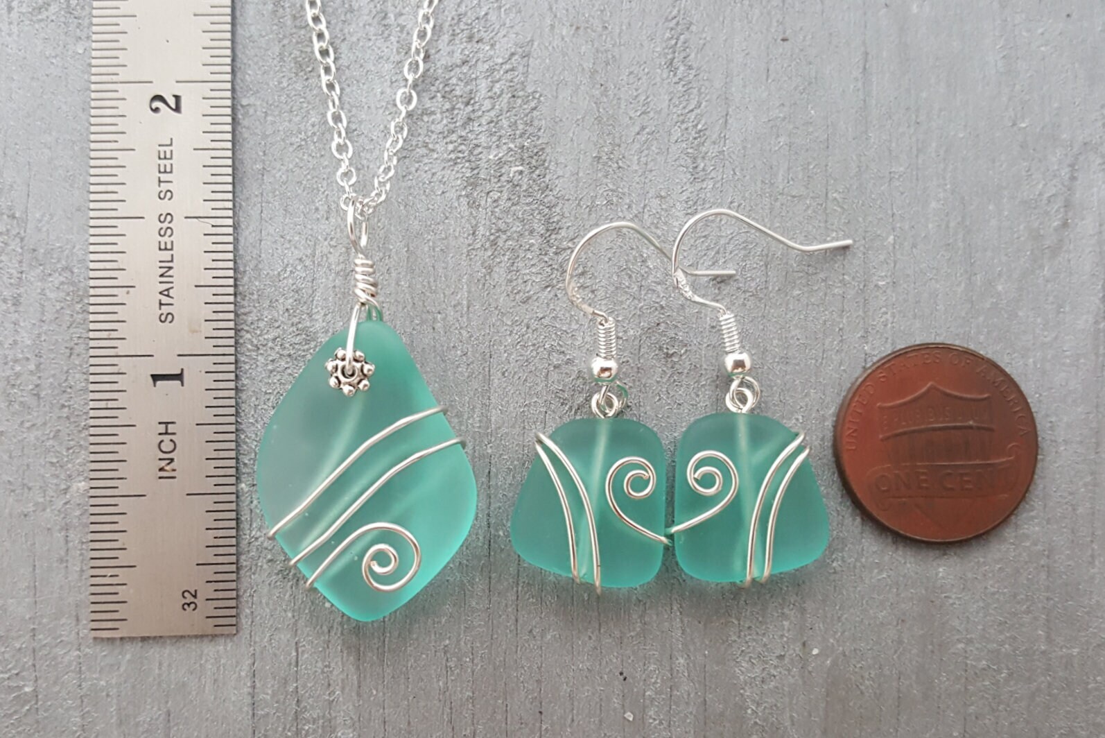 Hawaiian Jewelry Sea Glass Set, Wire Wrapped Aquamarine Necklace Earrings